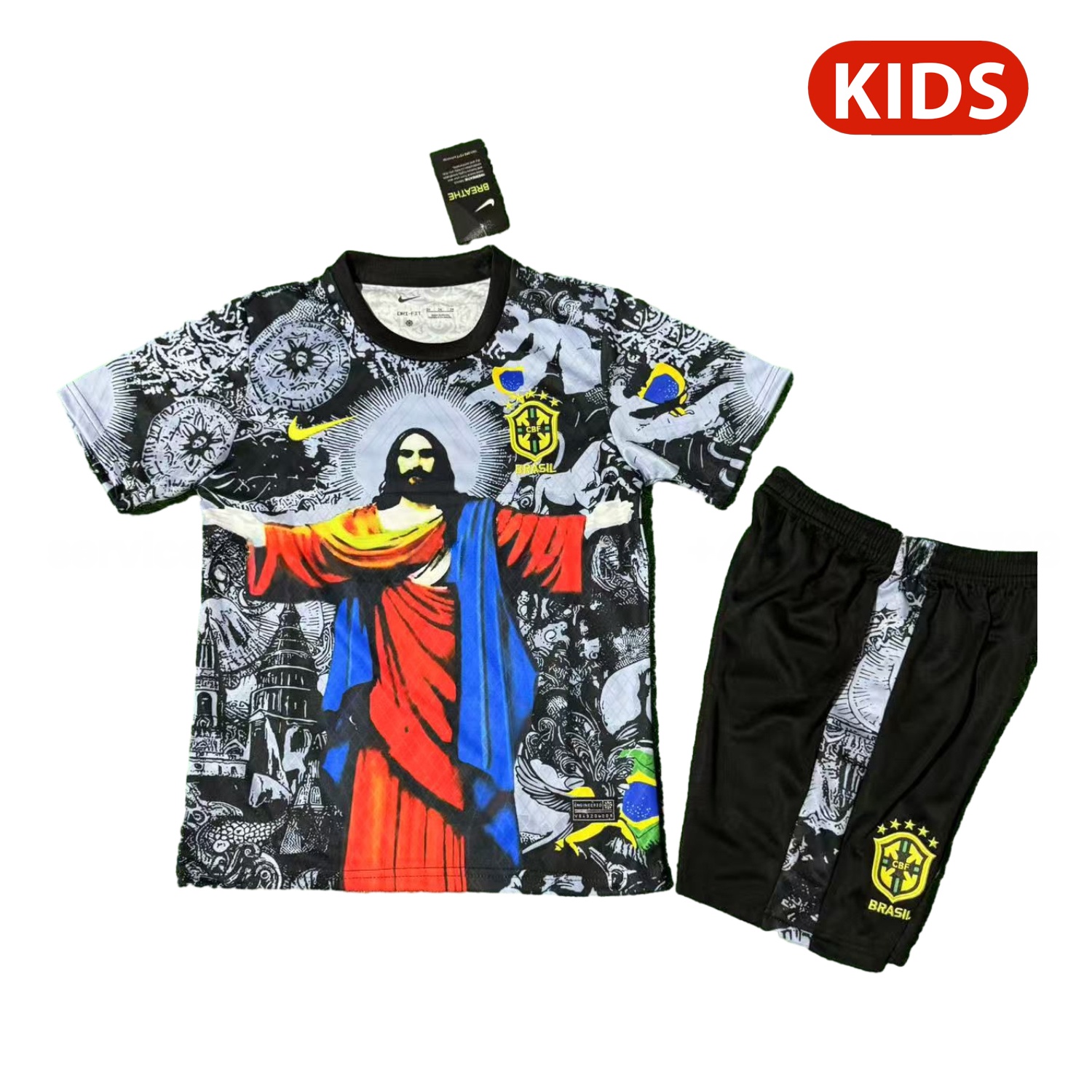 Brazil 25-26 Red Jesus Grey Special Kids Kit - JerseysGala