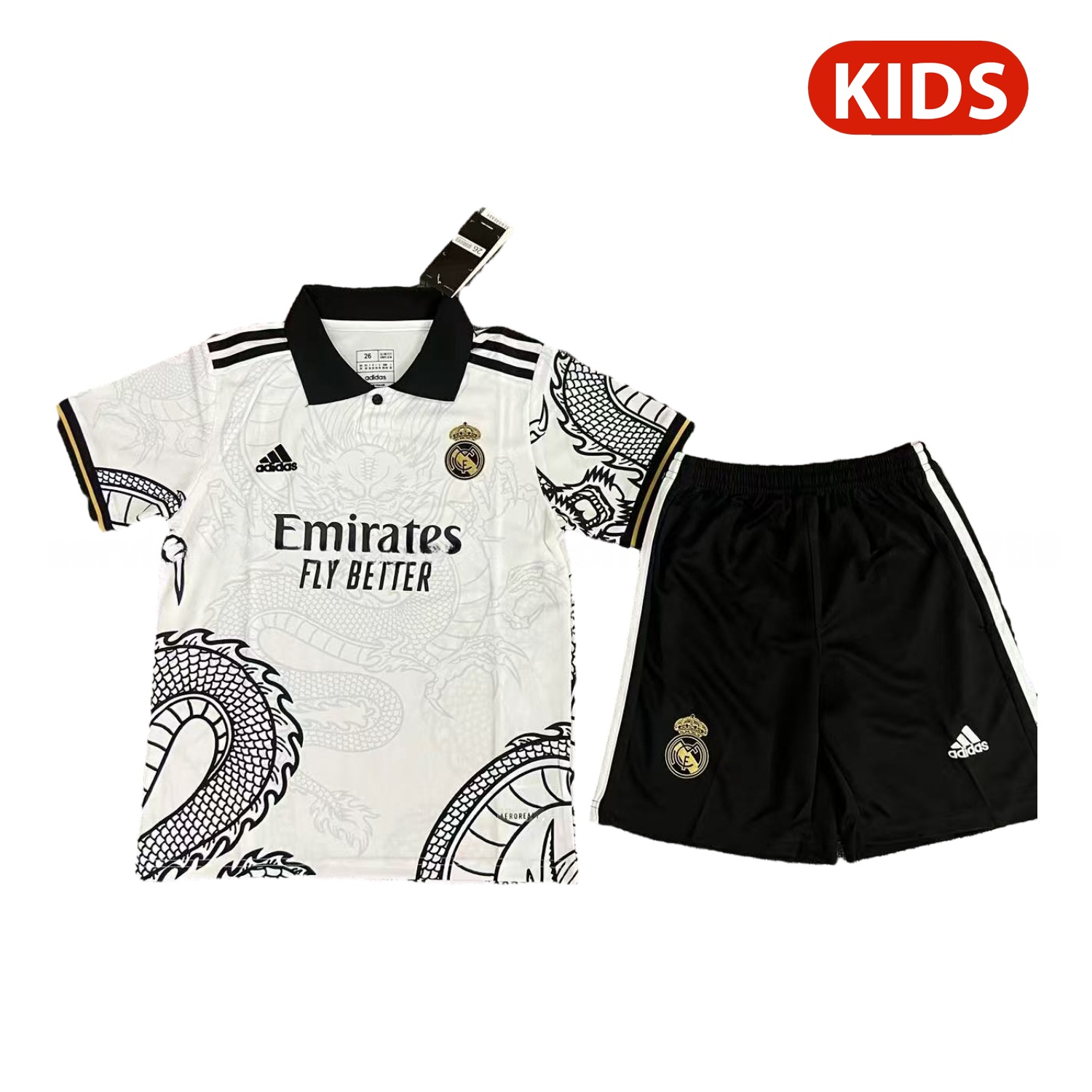 Real Madrid 25-26 Black Dragon Body White Special Polo Kids Kit - JerseysGala