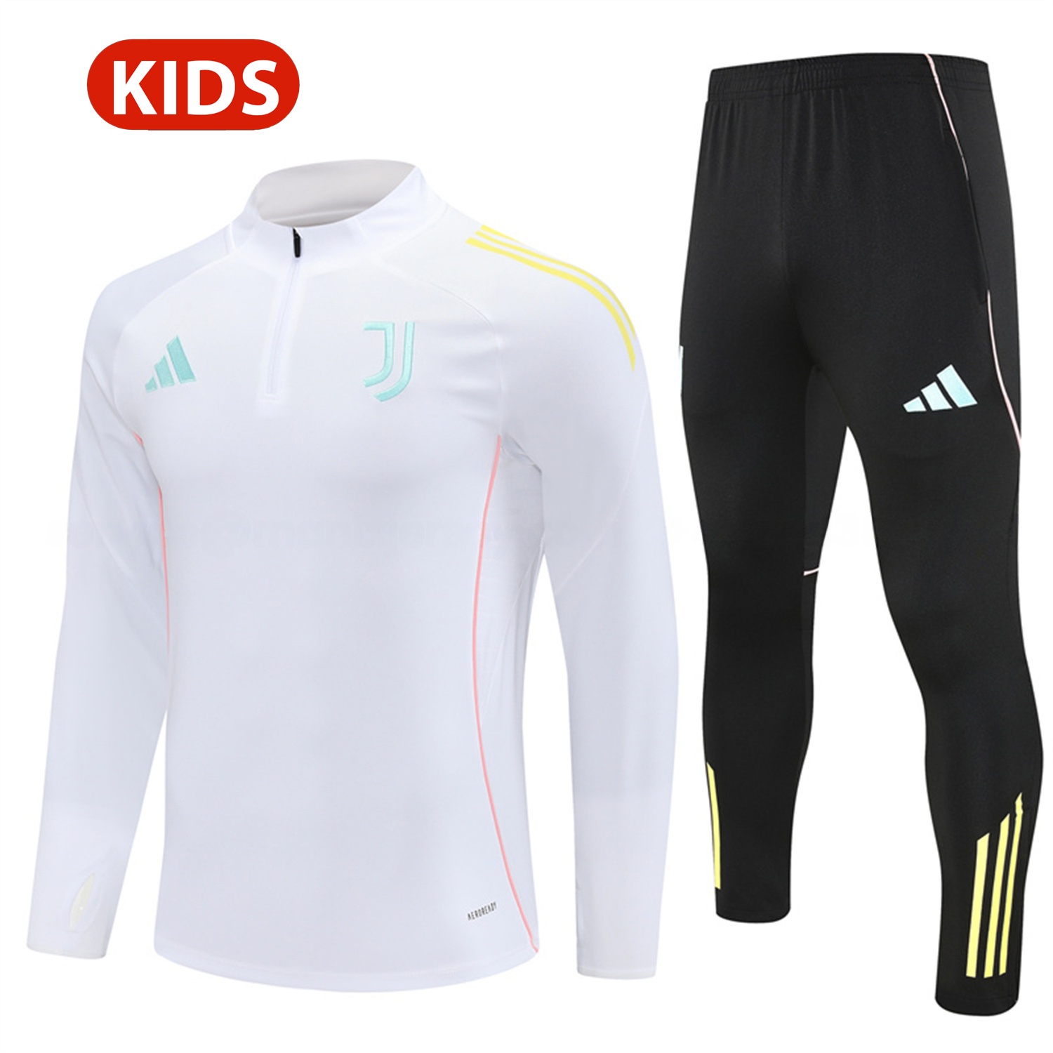 Juventus 25-26 Kids Long Sleeve Training Set - White Top and Black Pants - JerseysGala