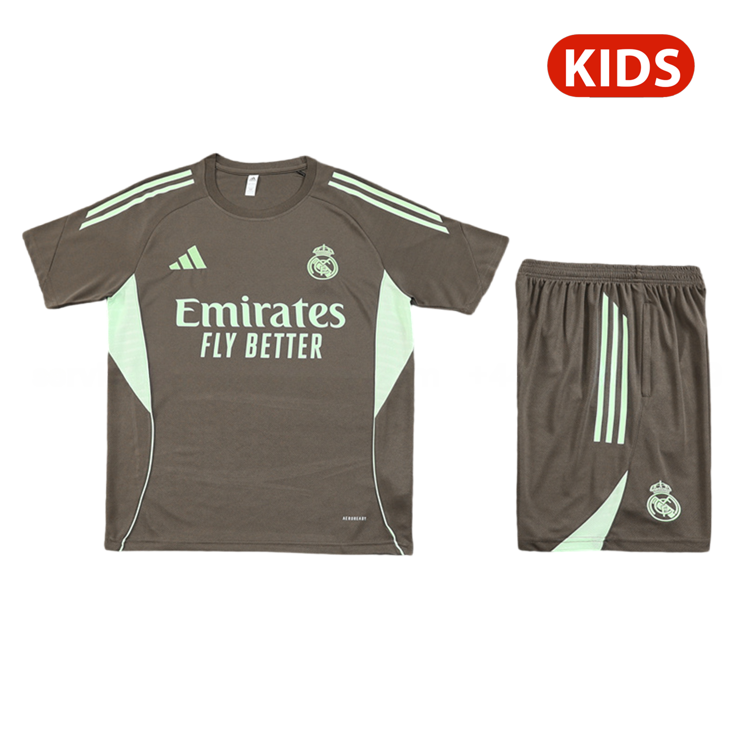 Real Madrid 25-26 Kids Short-Sleeve Training Set - Dark Khaki Top and Shorts - JerseysGala