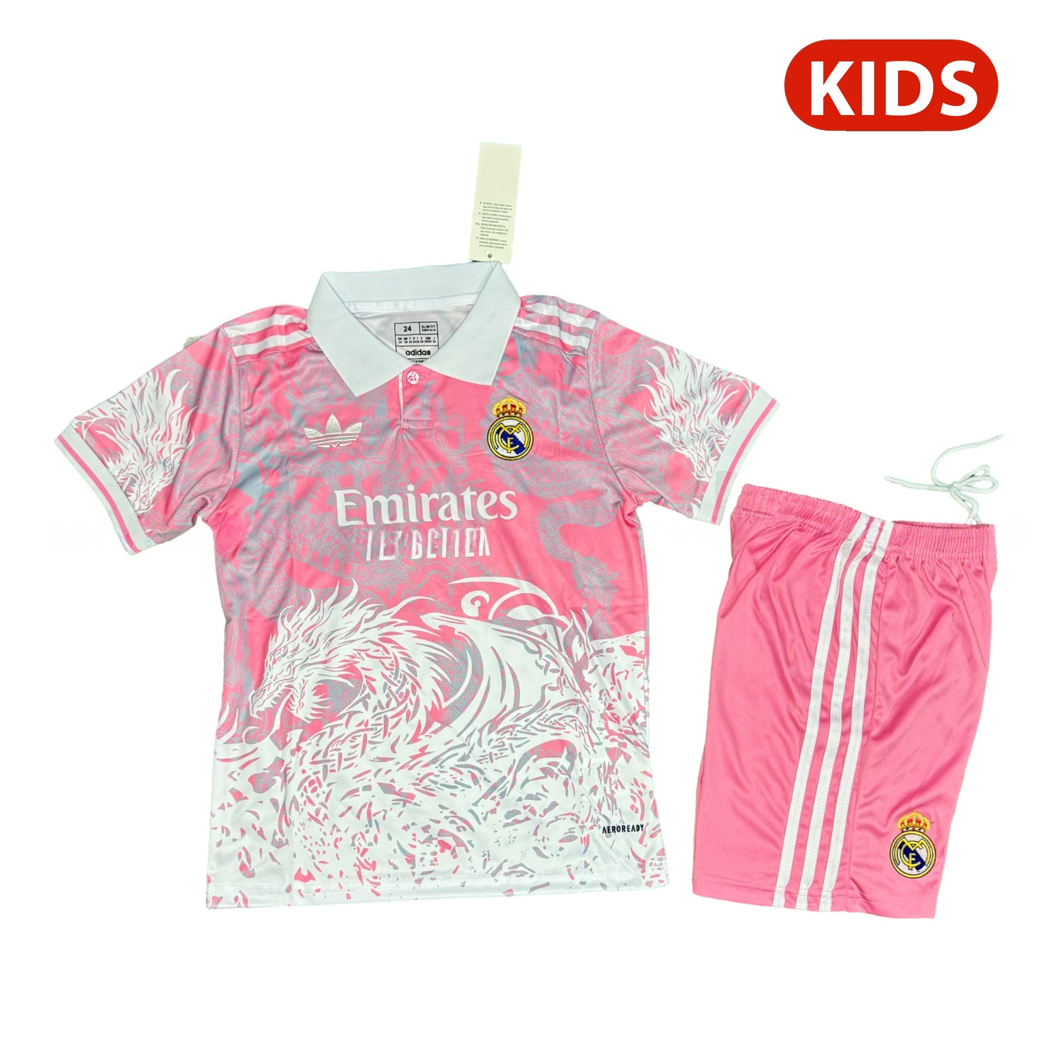 Real Madrid 25-26 White Fire Dragon Pink Special Polo Kids Kit - JerseysGala