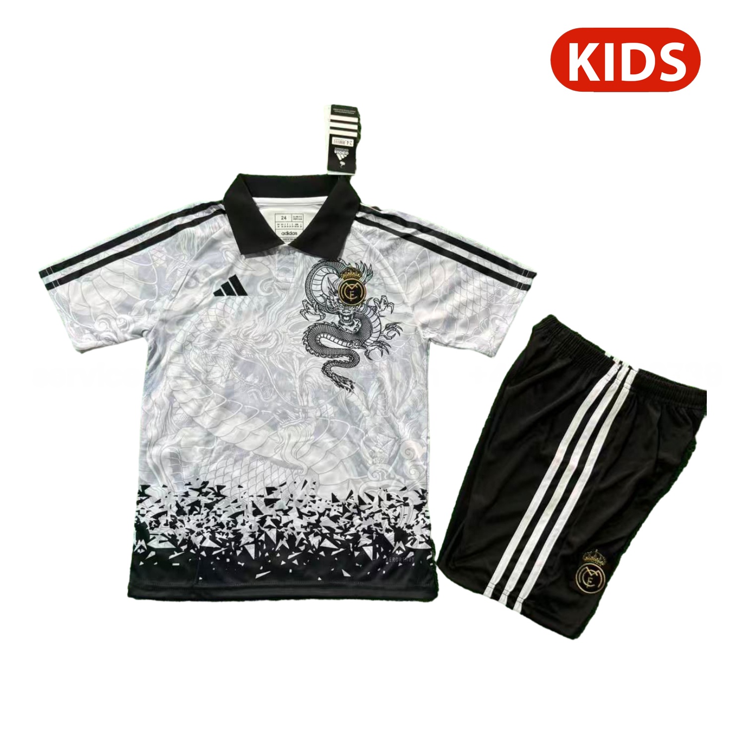 Real Madrid 25-26 Black Dragon Pattern White Special Polo Kids Kit - JerseysGala