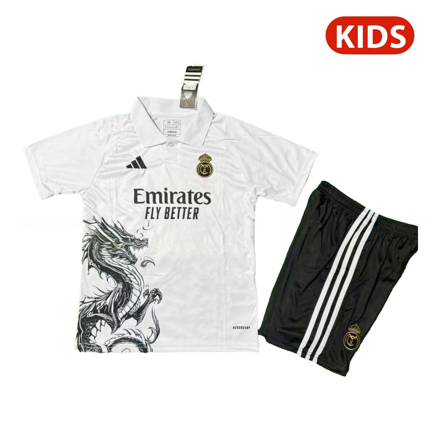Real Madrid 25-26 Black Dragon White Special Polo Kids Kit - JerseysGala