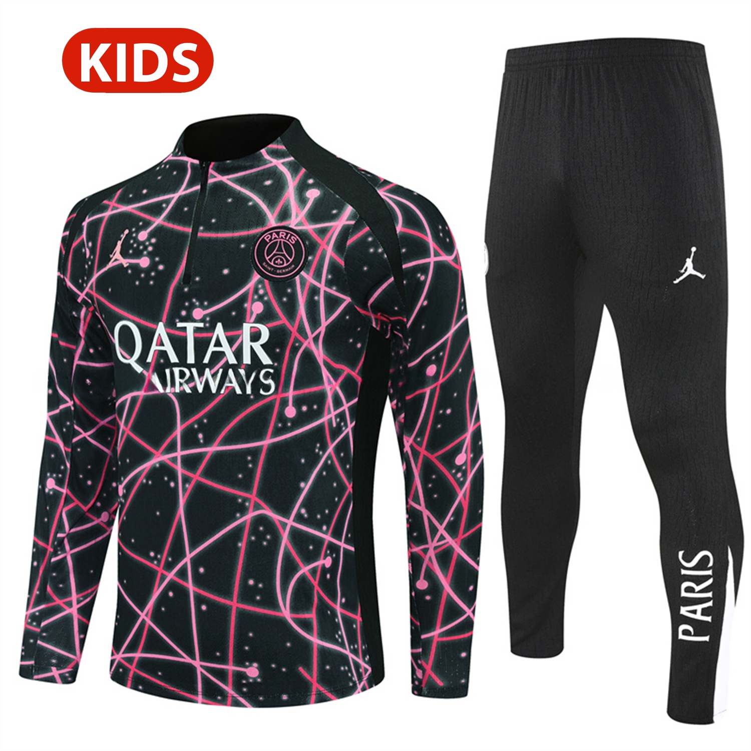 Paris Saint-Germain PSG 25-26 Kids Long Sleeve Training Set - JD Black Pink Top and Black Pants - JerseysGala