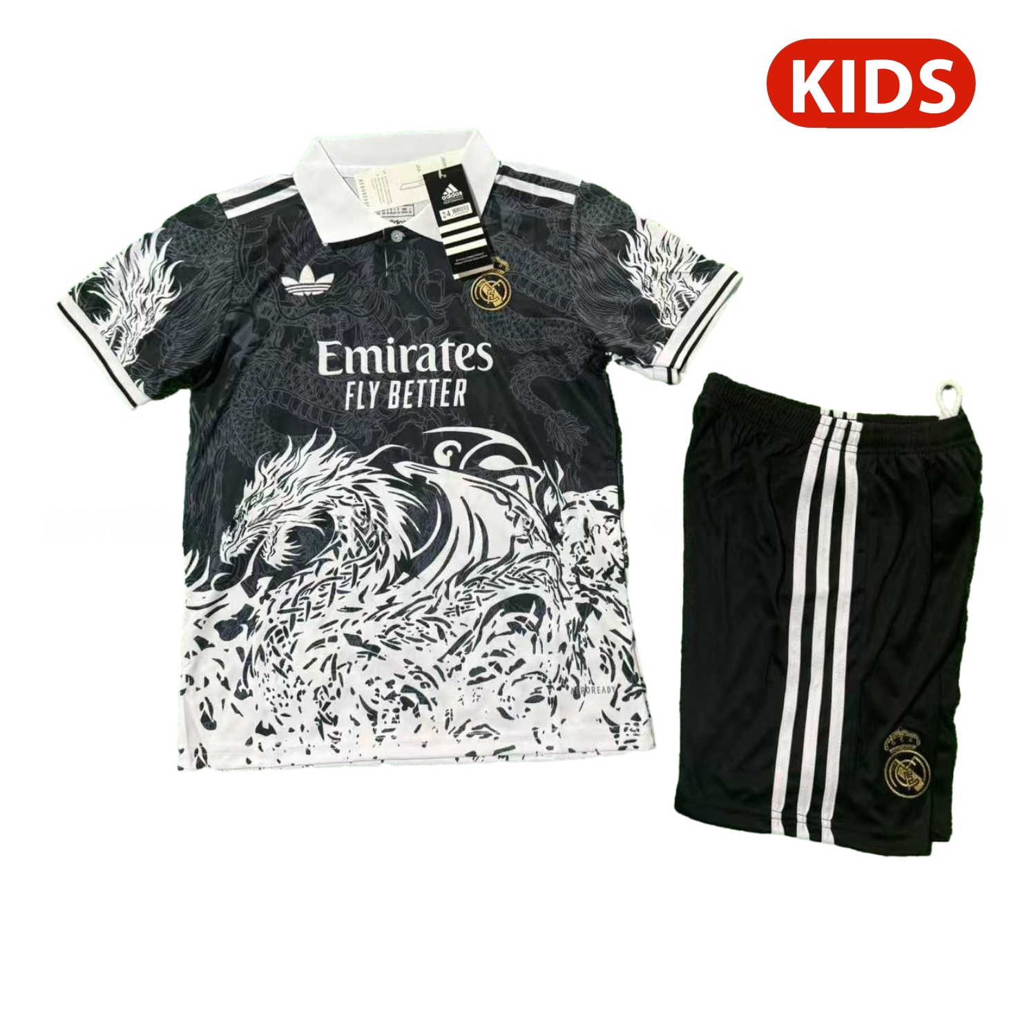 Real Madrid 25-26 White Fire Dragon Black Special Polo Kids Kit - JerseysGala