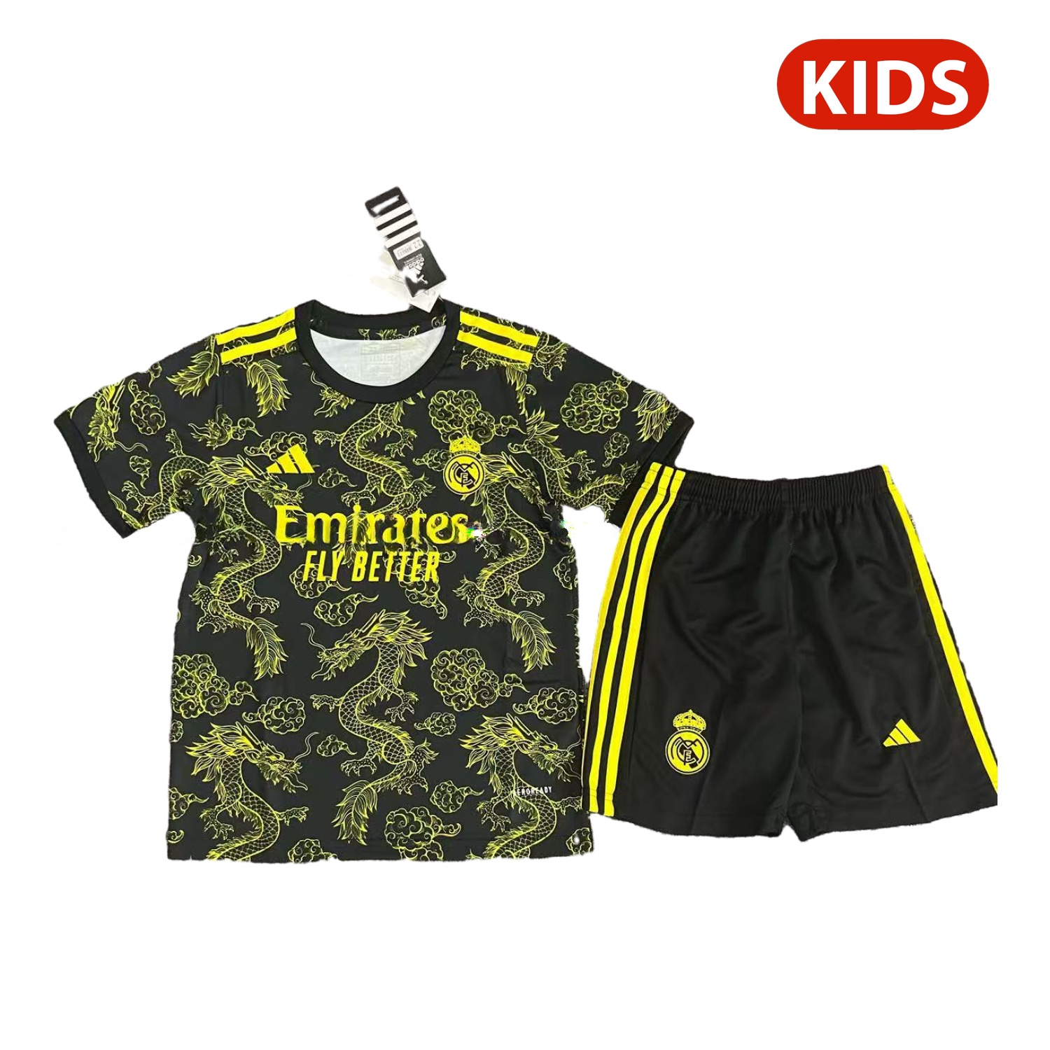 Real Madrid 25-26 Yellow Dragon Yellow Logo Black Special Kids Kit - JerseysGala