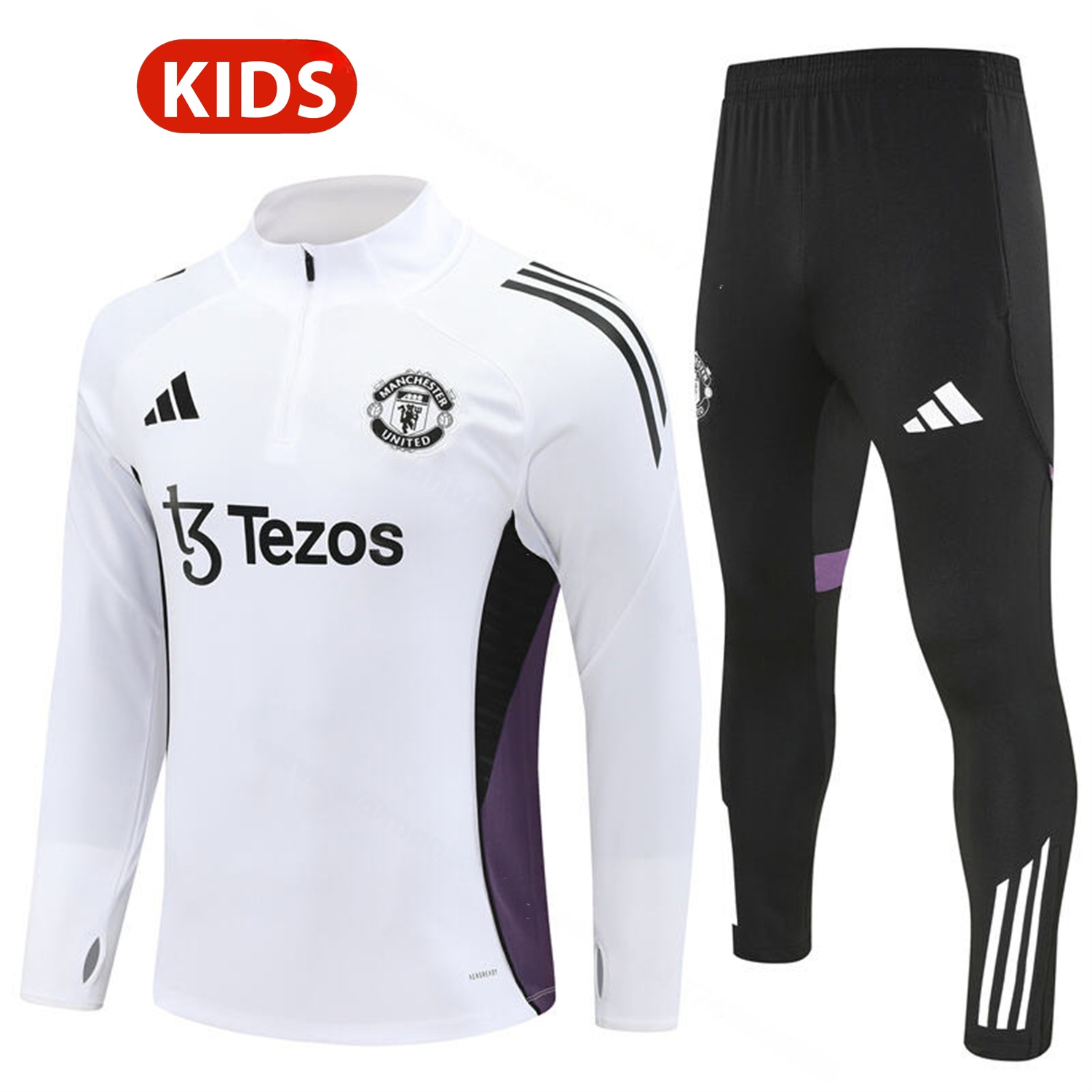 Manchester United 25-26 Kids Long Sleeve Training Set - White Top & Black Pants - JerseysGala