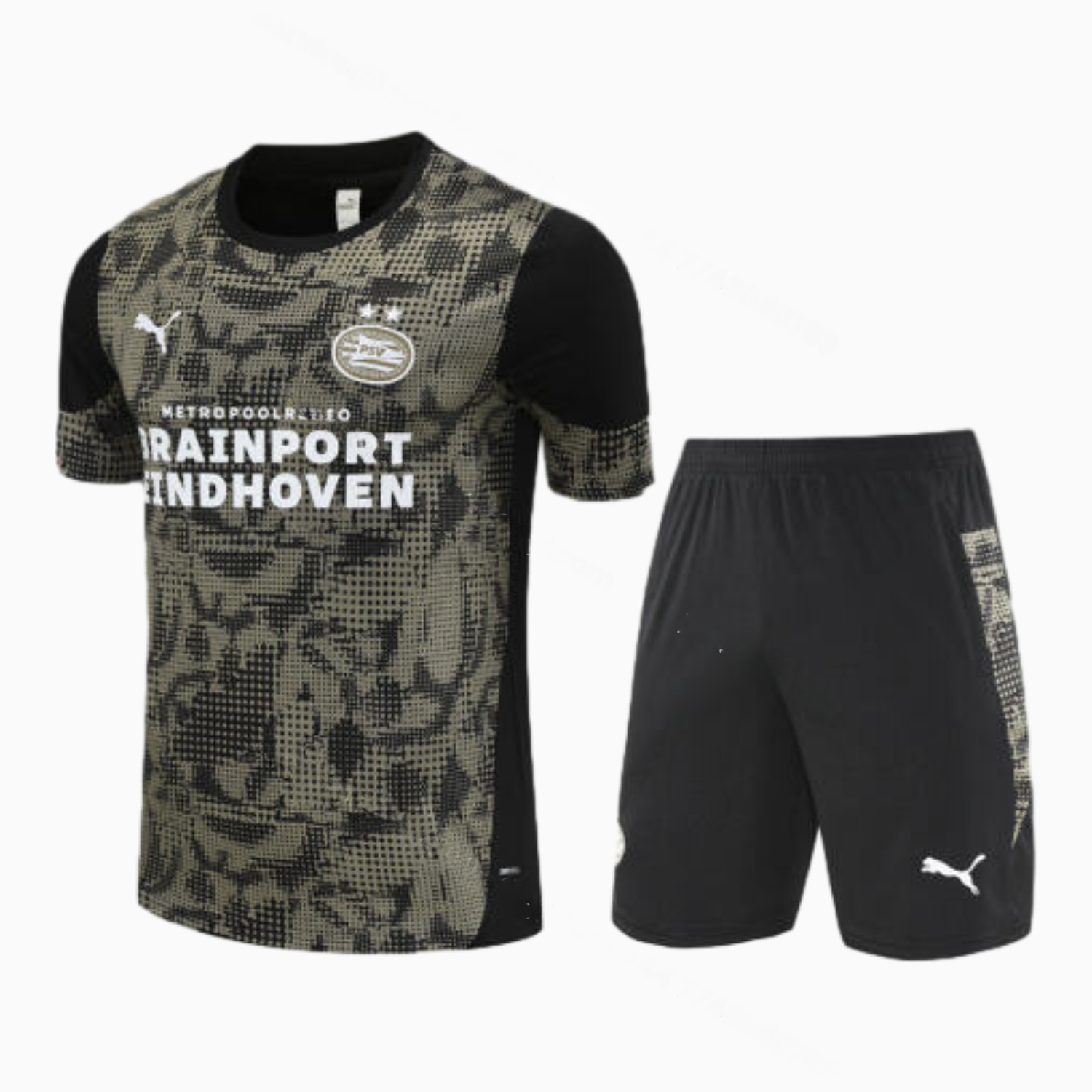 PSV Eindhoven 25-26 Short-Sleeve Training Set - Army Green Top & Black Shorts - JerseysGala