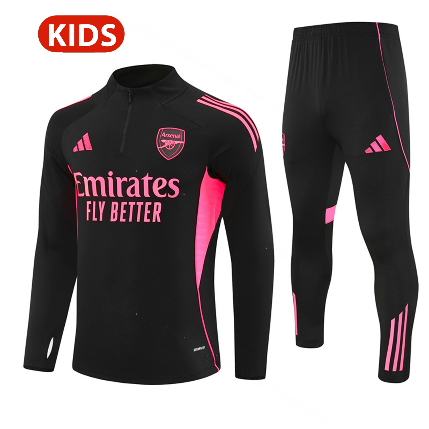 Arsenal 25-26 Kids Long Sleeve Training Set - Pink Logo Balck Top & Black Pants - JerseysGala