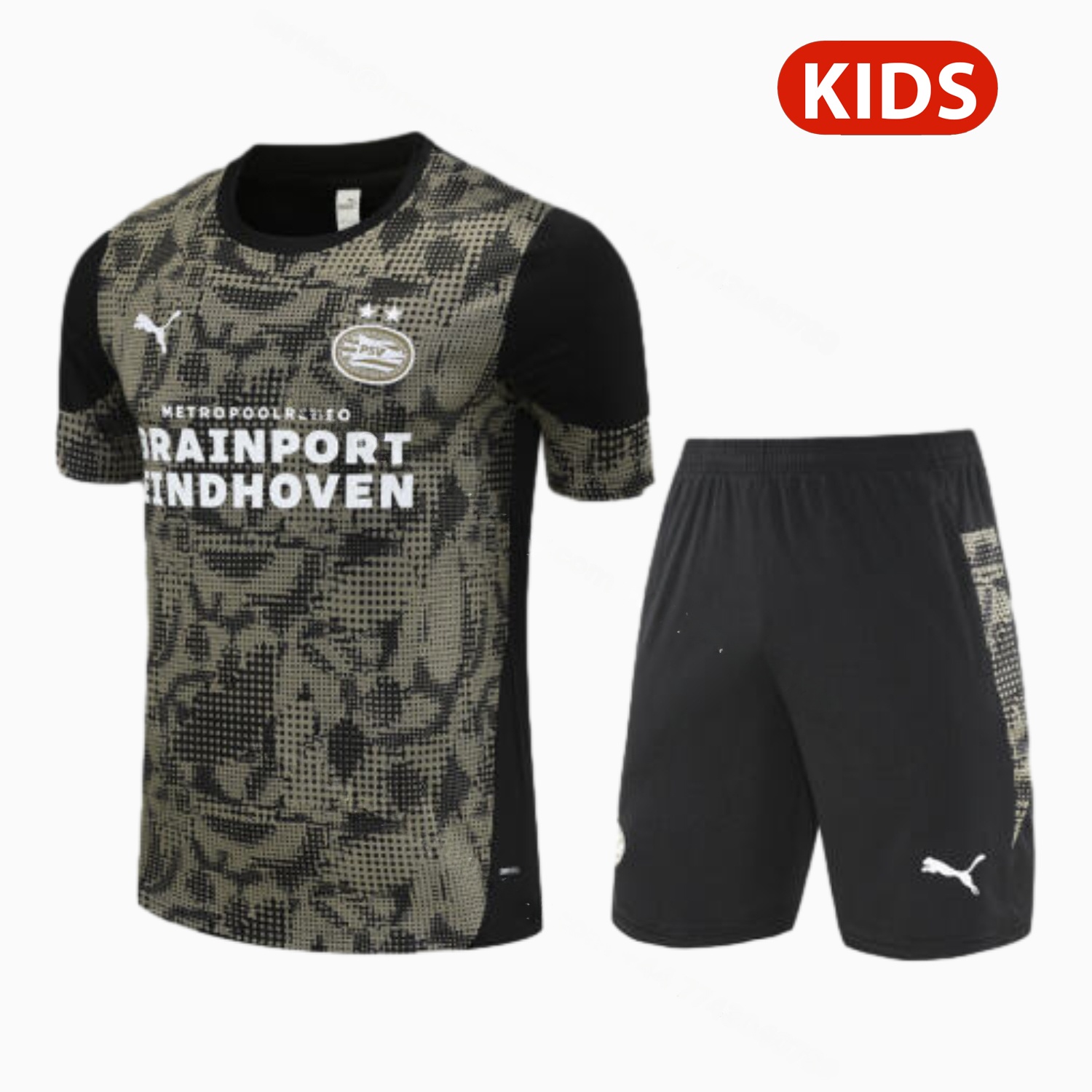 PSV Eindhoven 25-26 Kids Short-Sleeve Training Set - Army Green Top & Black Shorts - JerseysGala