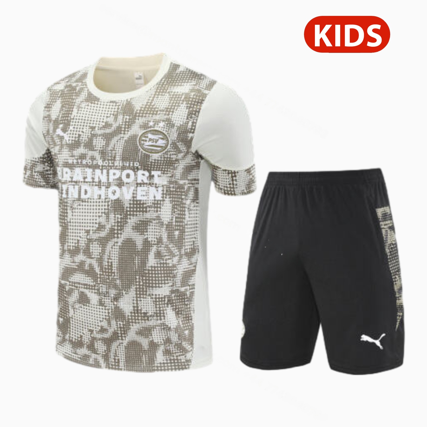 PSV Eindhoven 25-26 Kids Short-Sleeve Training Set - Khaki Top & Black Shorts - JerseysGala