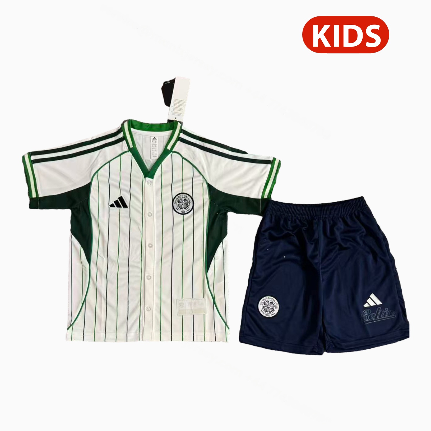 Celtic 25-26 White With Green Lines Baseball Kids Kit - JerseysGala