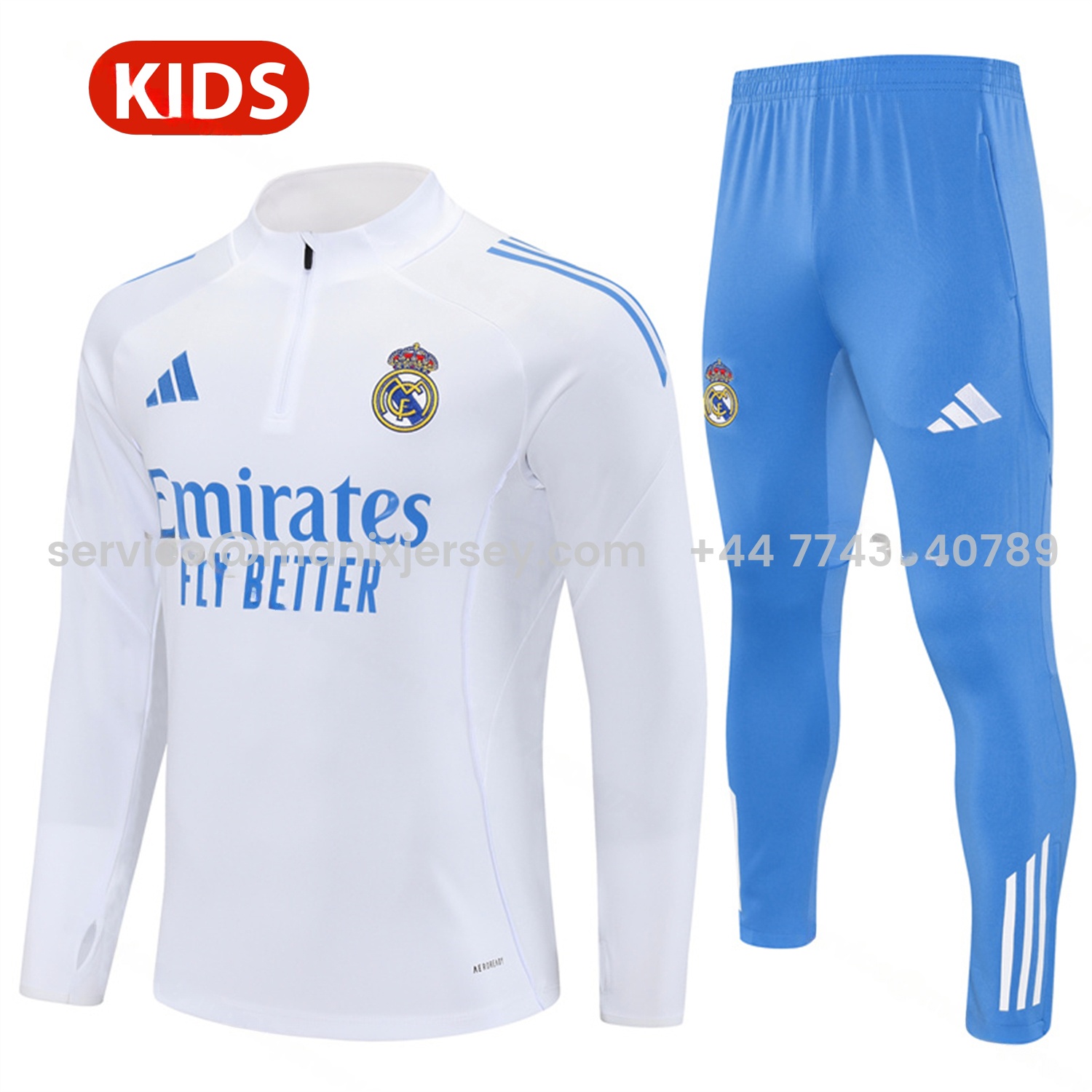 Real Madrid 25-26 Kids Long Sleeve Training Set - White Top & Blue Pants - JerseysGala