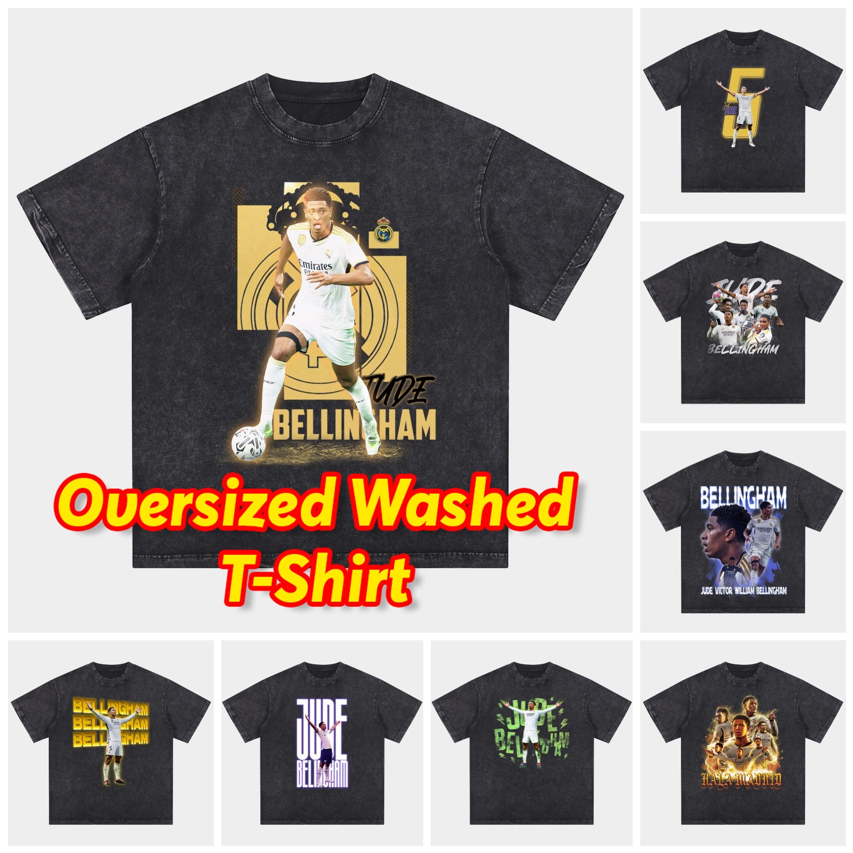 Bellingham Real Madrid England 24-25 25-26 Oversized Washed T-Shirt - JerseysGala