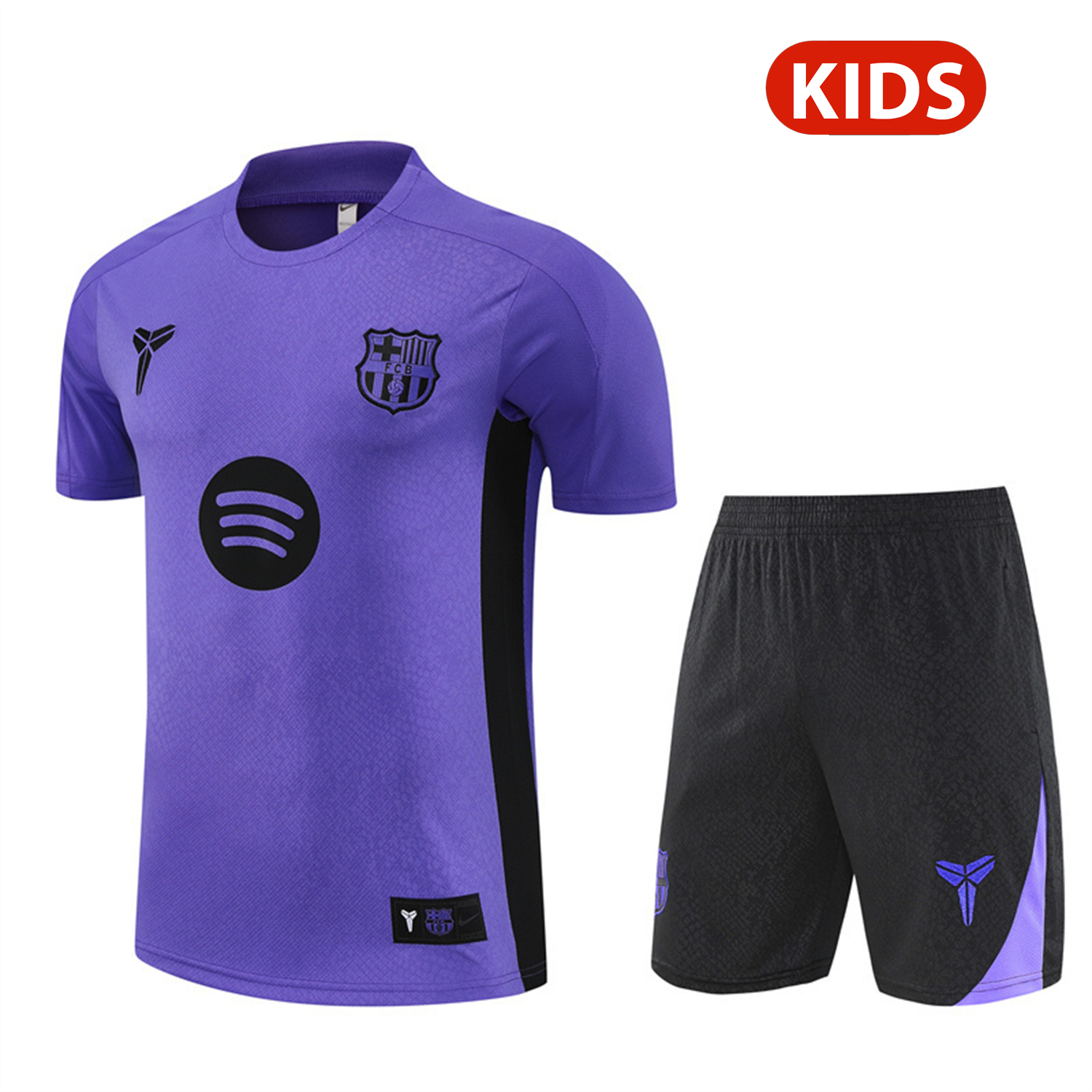 Barcelona 25-26 X KB Kids Short-Sleeve Training Set - Purple Top & Black Shorts - JerseysGala