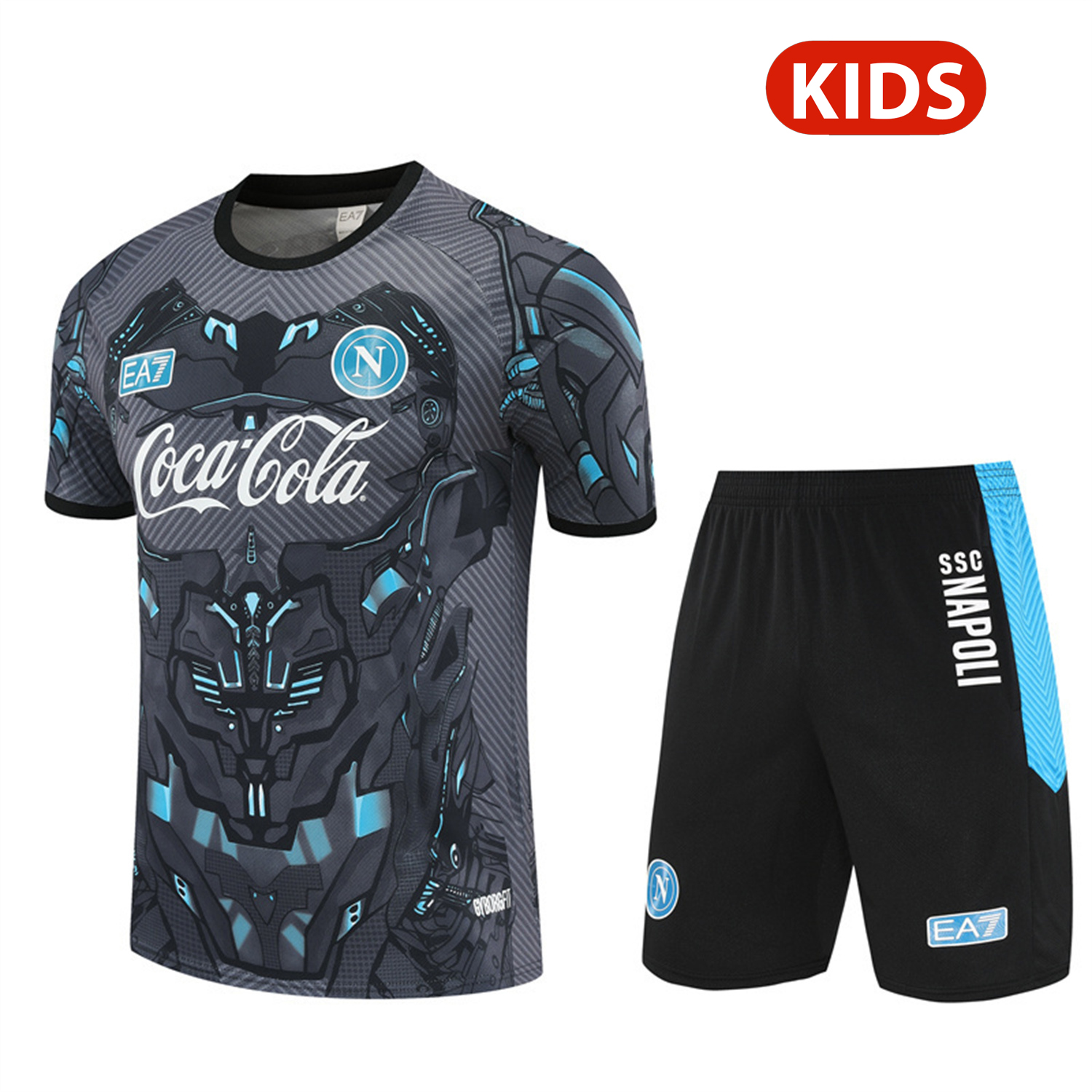 Napoli 25-26 Kids Short-Sleeve Training Set - Gray Mecha Top & Black Shorts - JerseysGala
