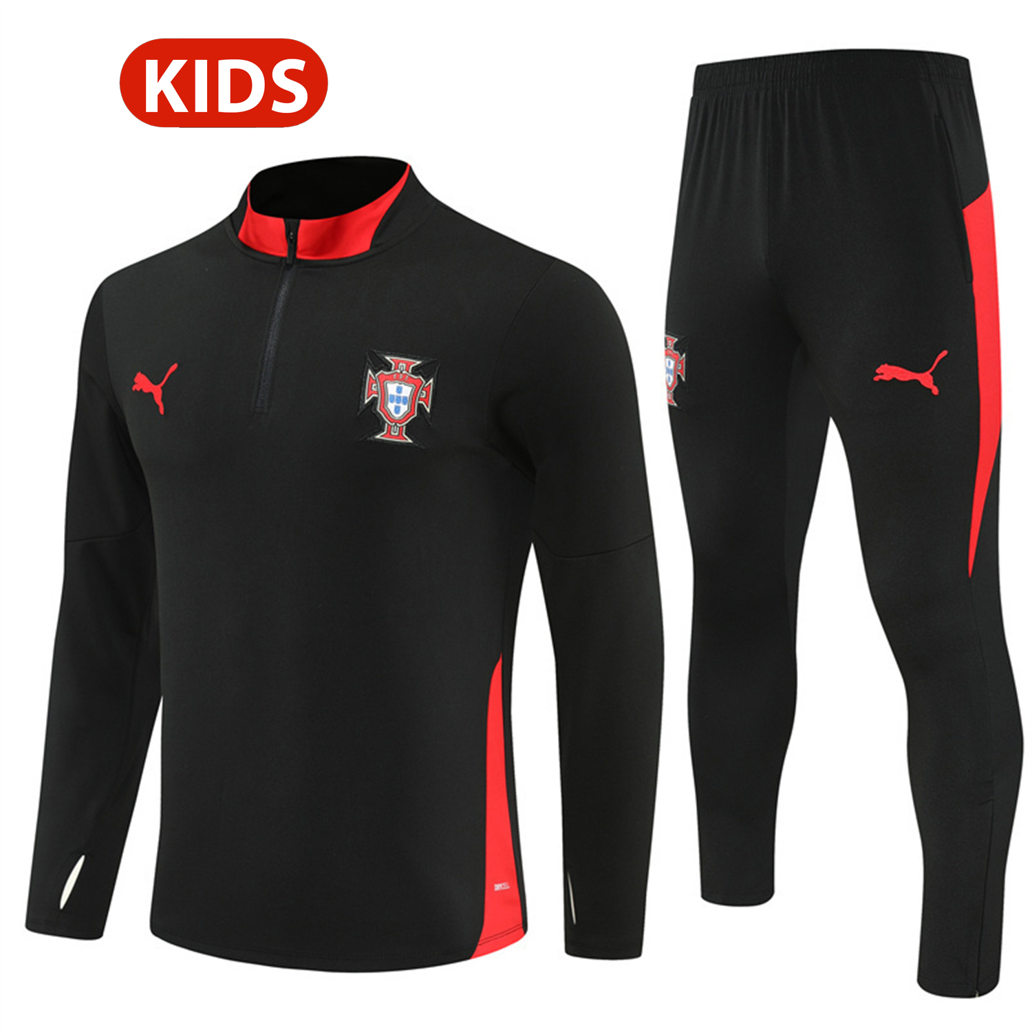 Portugal 25-26 Kids Long Sleeve Training Set - Black Top & Black Pants - JerseysGala