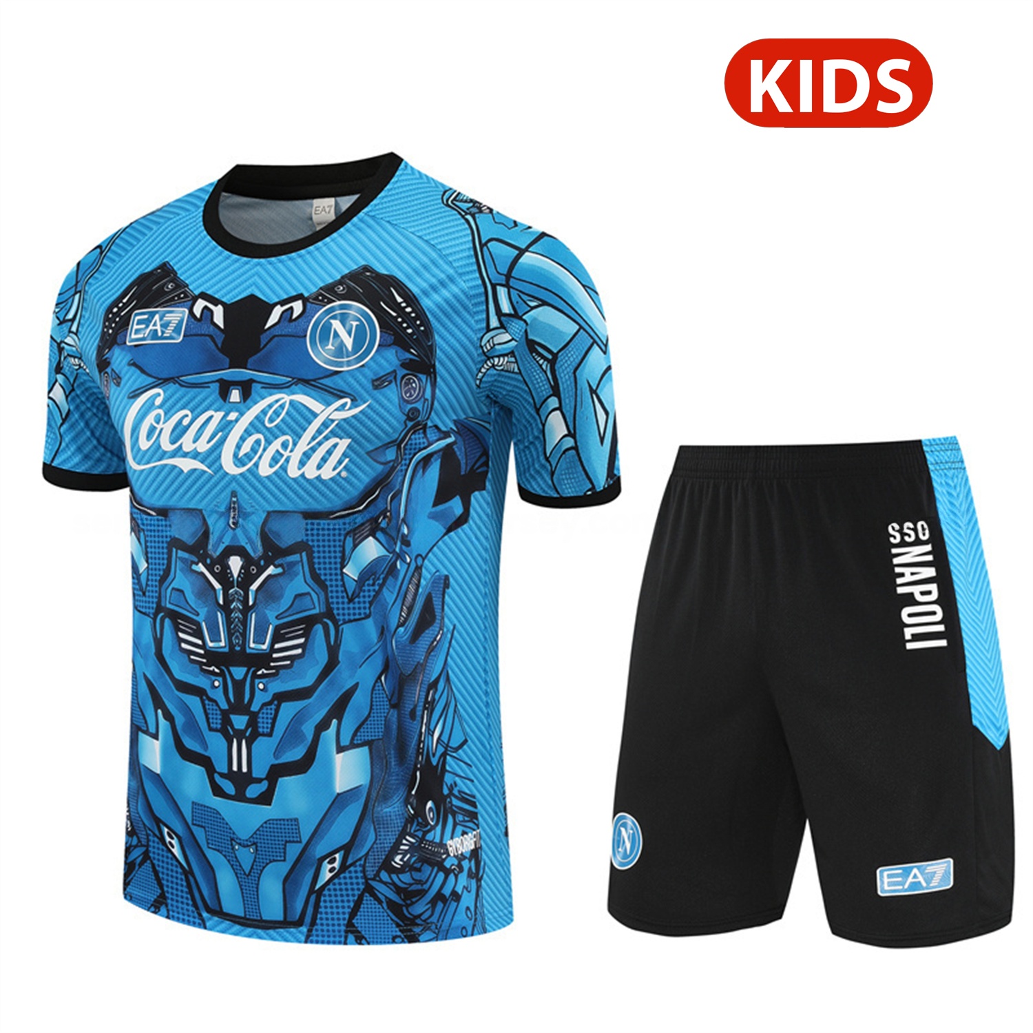 Napoli 25-26 Kids Short-Sleeve Training Set - Blue Mecha Top & Black Shorts - JerseysGala