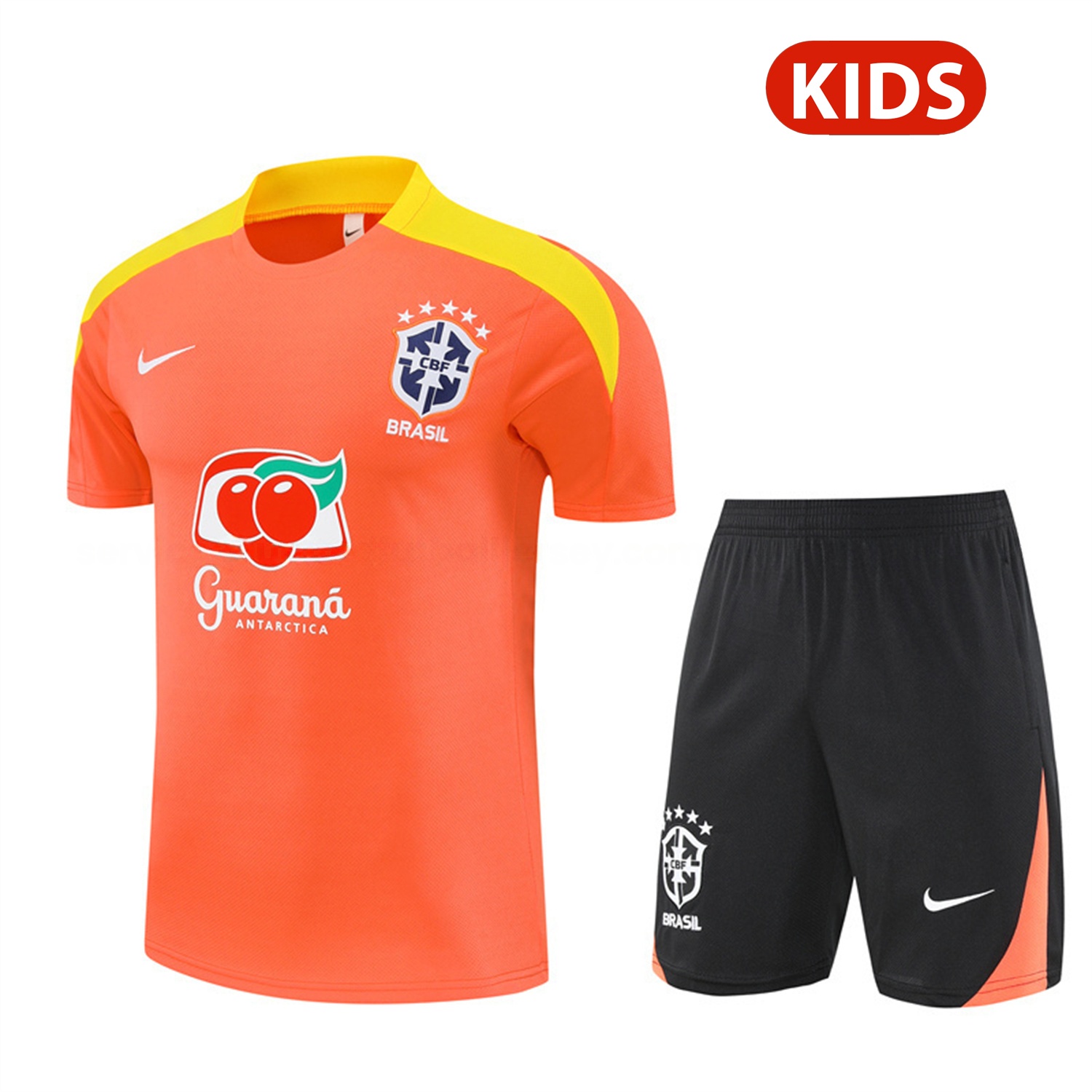 Brazil 25-26 Kids Short-Sleeve Training Set - Orange Top & Black Shorts - JerseysGala