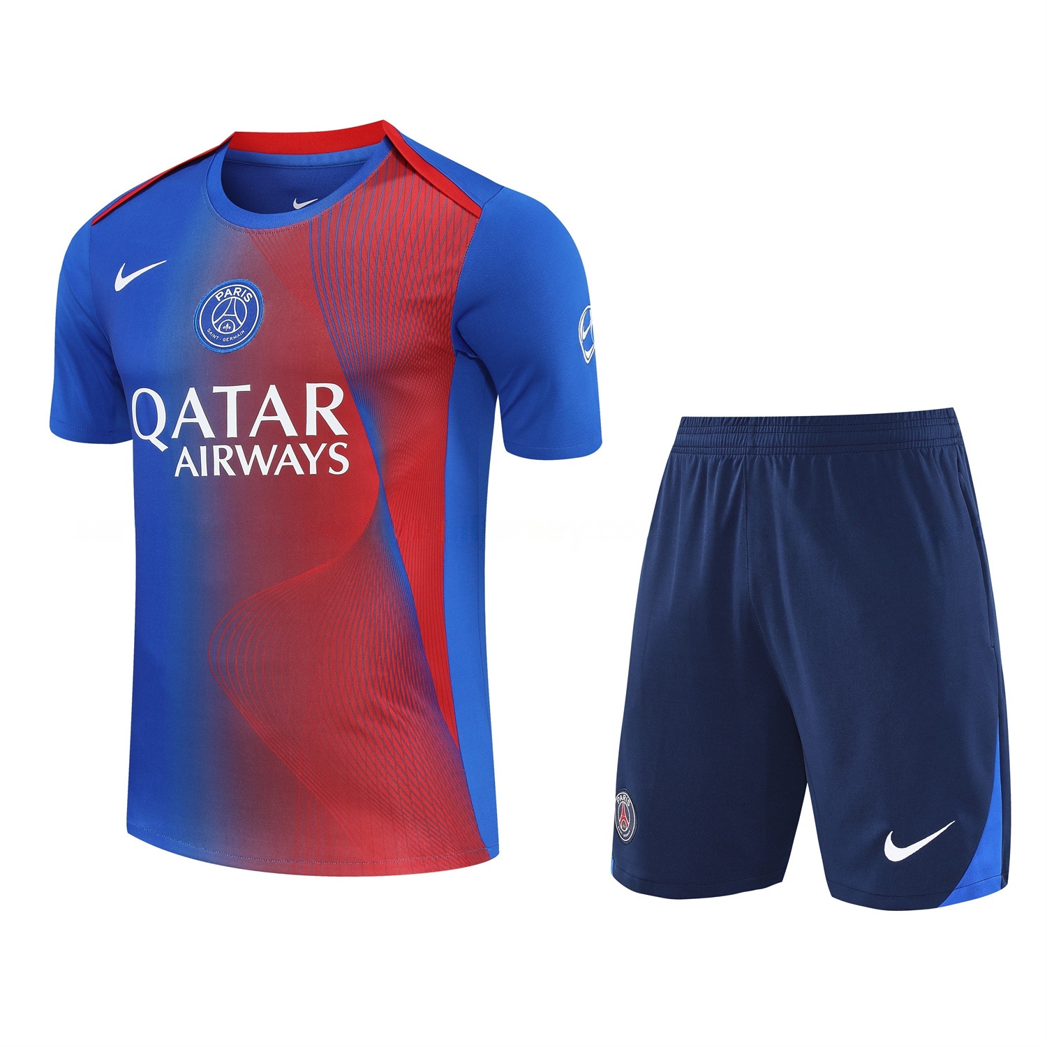 Paris Saint-Germain PSG 25-26 Short-Sleeve Training Set - Red And Blue Lines Top & Blue Shorts - JerseysGala