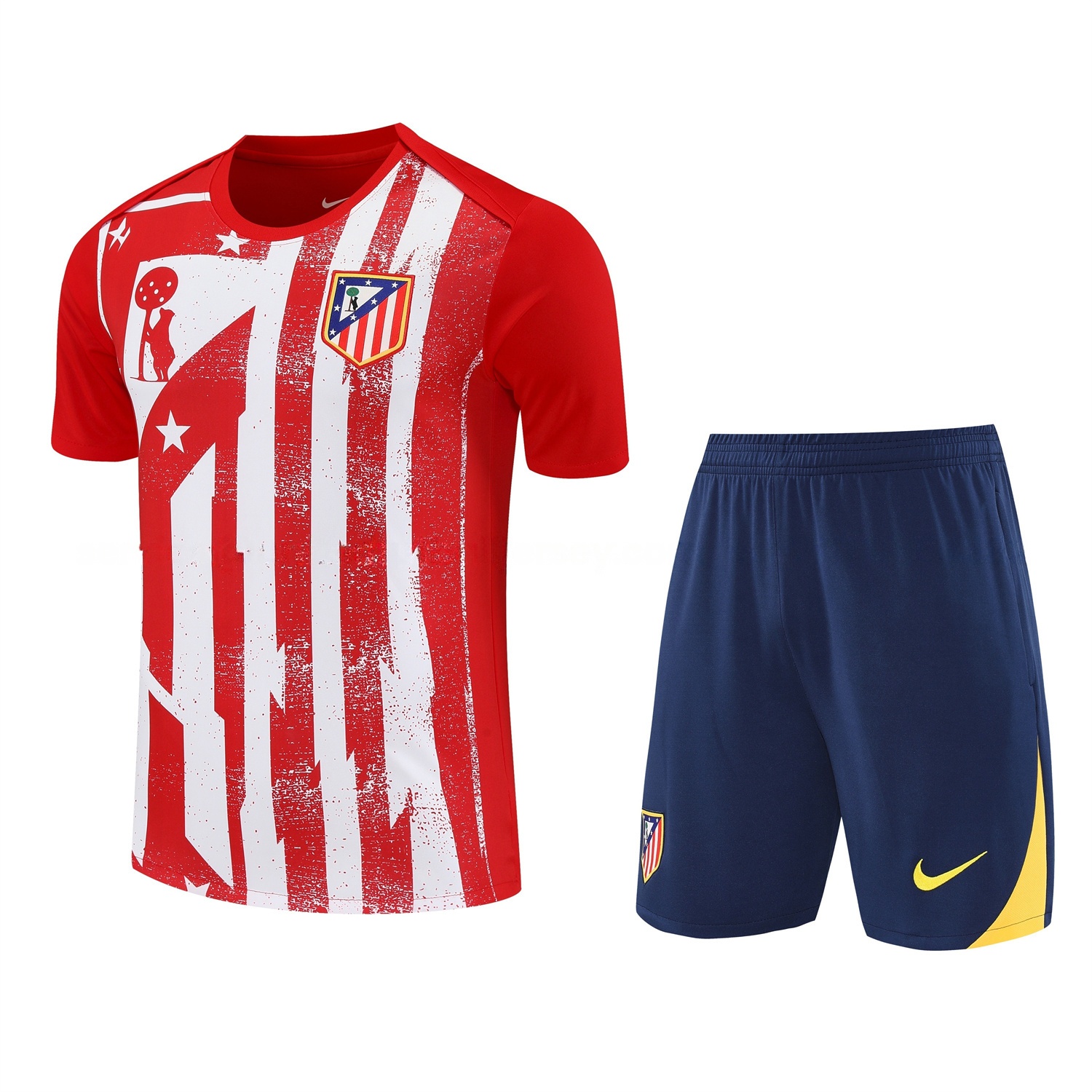 Atletico Madrid Short-Sleeve Training Set - Red White Top & Blue Shorts - JerseysGala