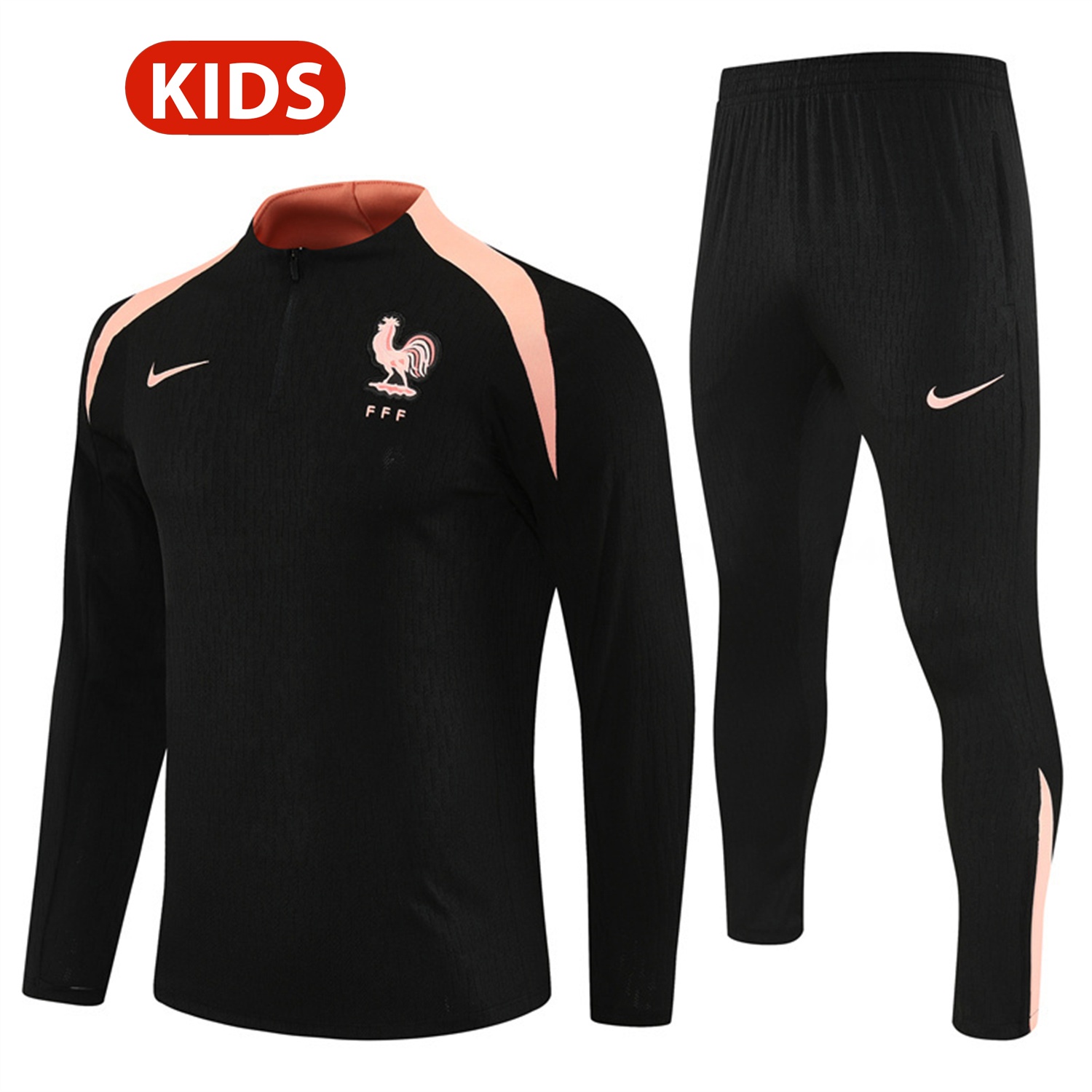 France 25-26 Kids Long Sleeve Training Set - Player Version - Black Top and Pants - JerseysGala
