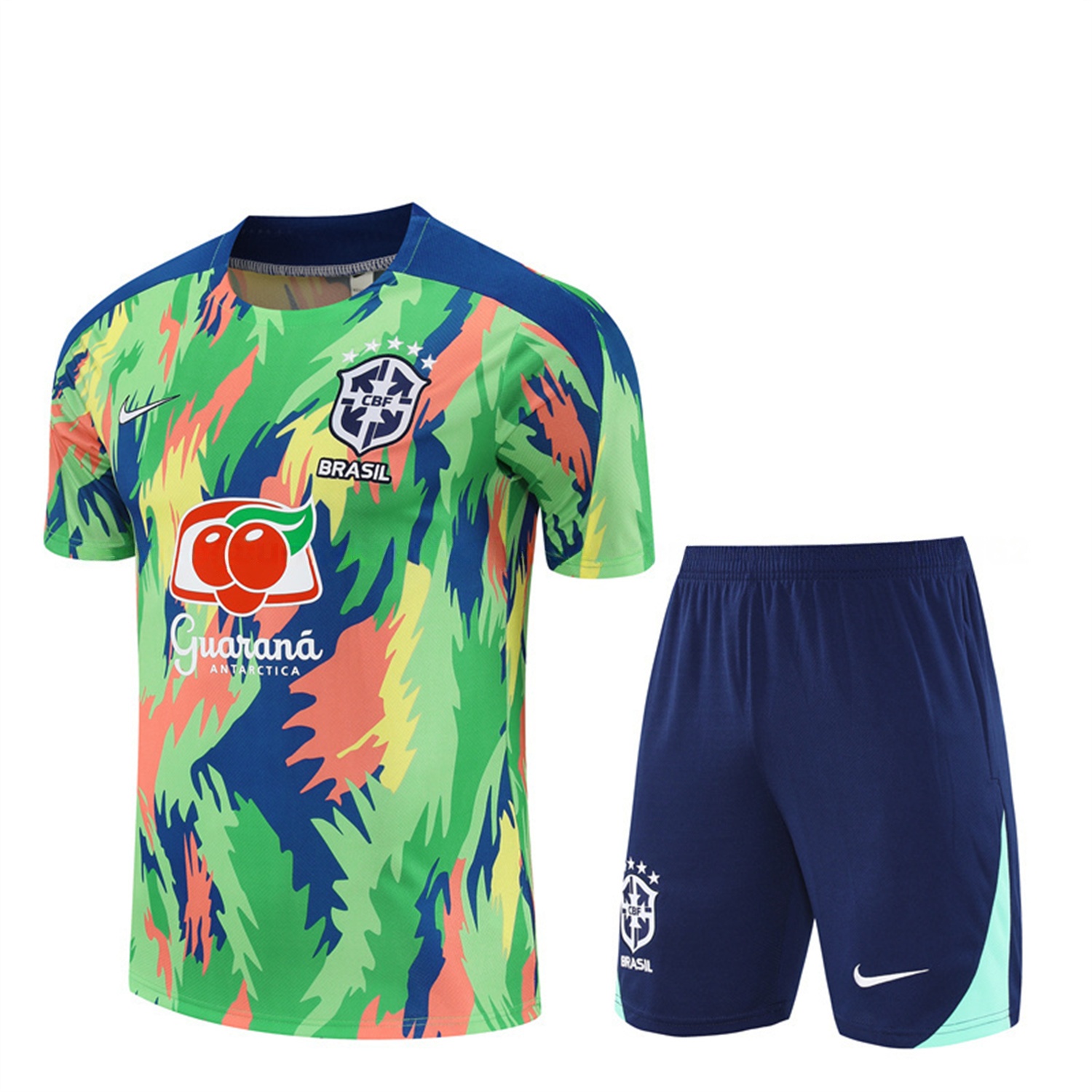 Brazil 25-26 Short-Sleeve Training Set - Blue Green Camouflage Top & Blue Shorts - JerseysGala