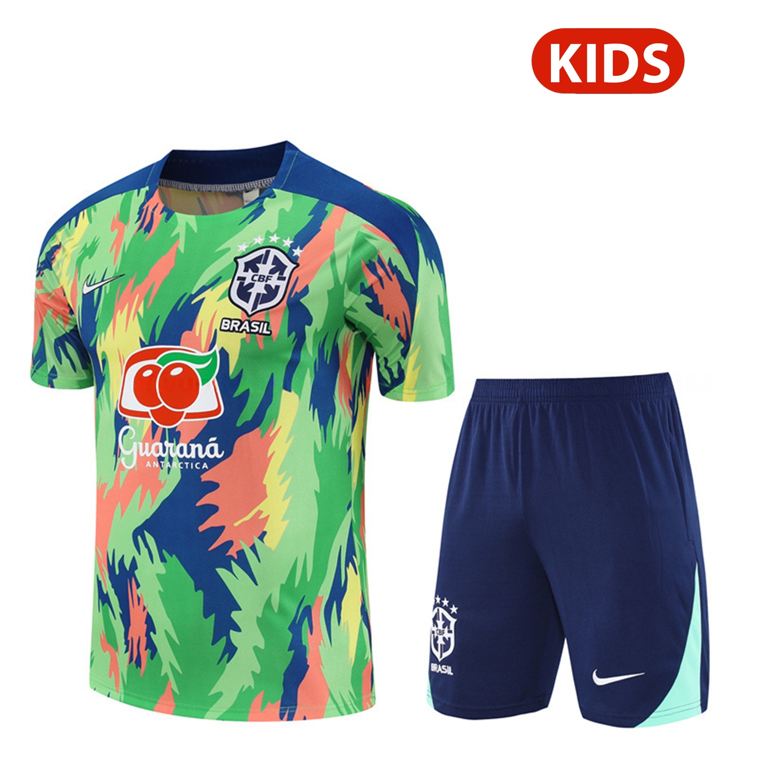 Brazil 25-26 Kids Short-Sleeve Training Set - Blue Green Camouflage Top & Blue Shorts - JerseysGala