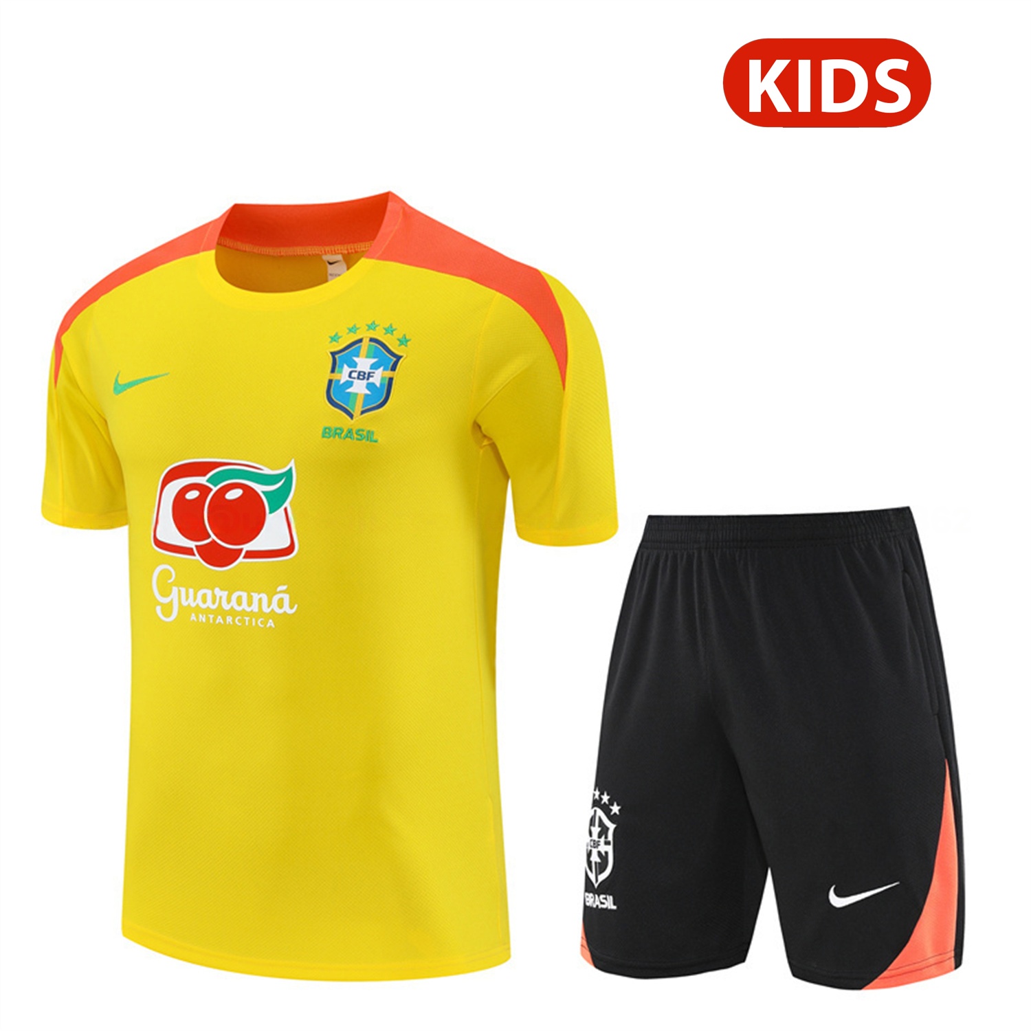 Brazil 25-26 Kids Short-Sleeve Training Set - Yellow Top & Black Shorts - JerseysGala