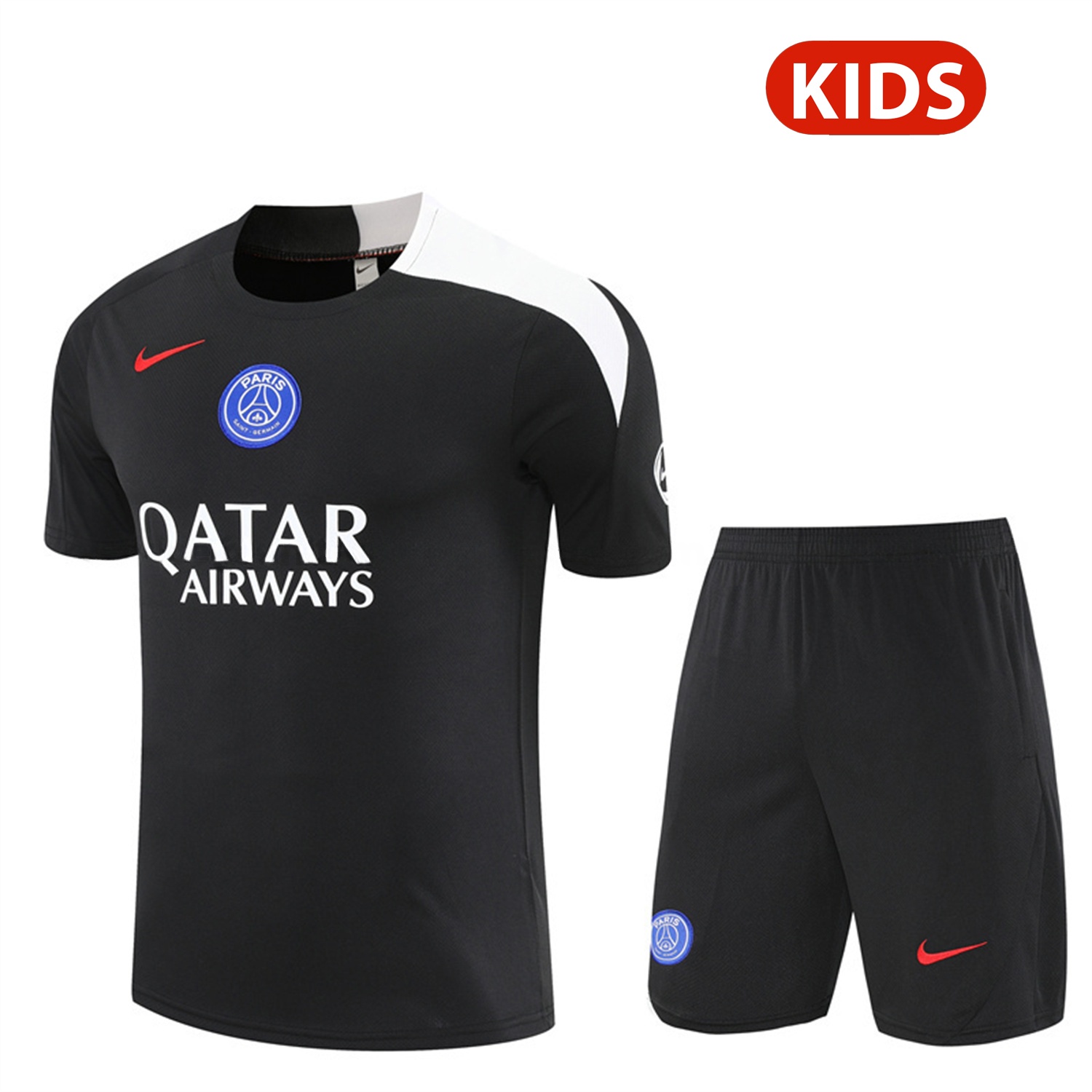 Paris Saint-Germain PSG 25-26 Kids Short-Sleeve Training Set - White Edge Black Top & Black Shorts - JerseysGala