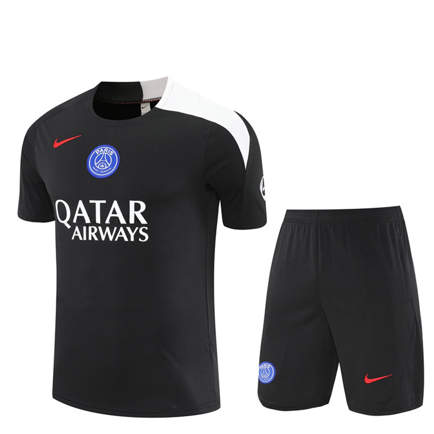 Paris Saint-Germain PSG 25-26 Short-Sleeve Training Set - White Edge Black Top & Black Shorts - JerseysGala