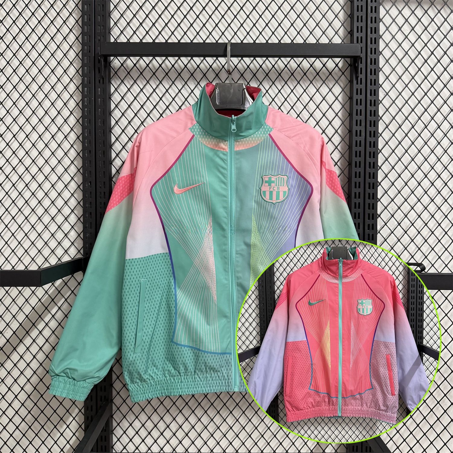 Barcelona 25-26 Double Sided Reversible Windbreaker - Green & Pink - JerseysGala