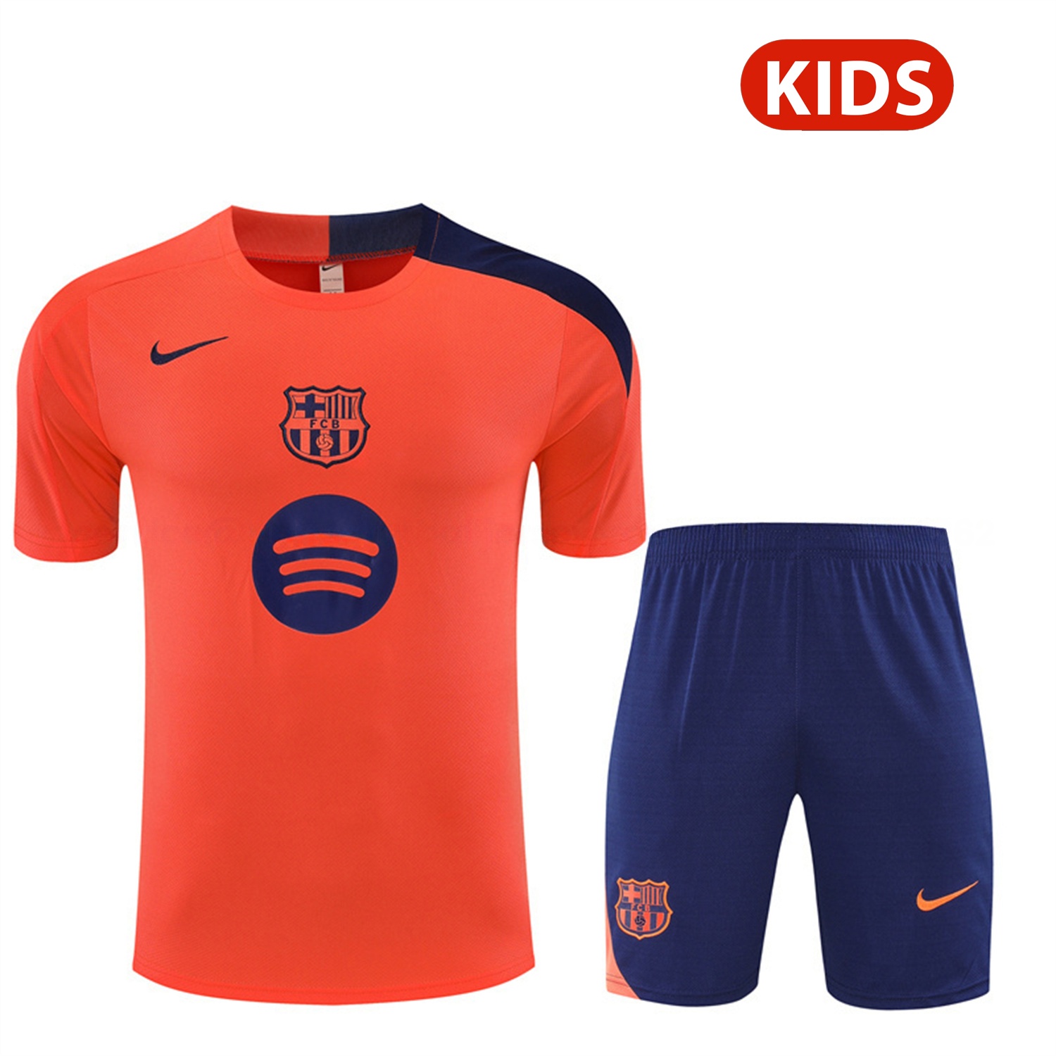 Barcelona 25-26 Kids Short-Sleeve Training Set - Orange Top Royal Blue Sponsor & Royal Blue Shorts - JerseysGala
