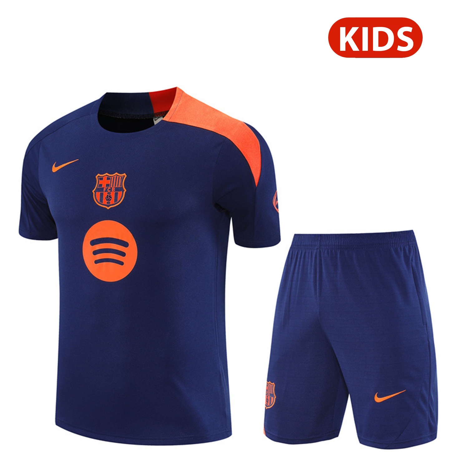 Barcelona 25-26 Kids Short-Sleeve Training Set - Royal Blue Top Orange Sponsor & Royal Blue Shorts - JerseysGala