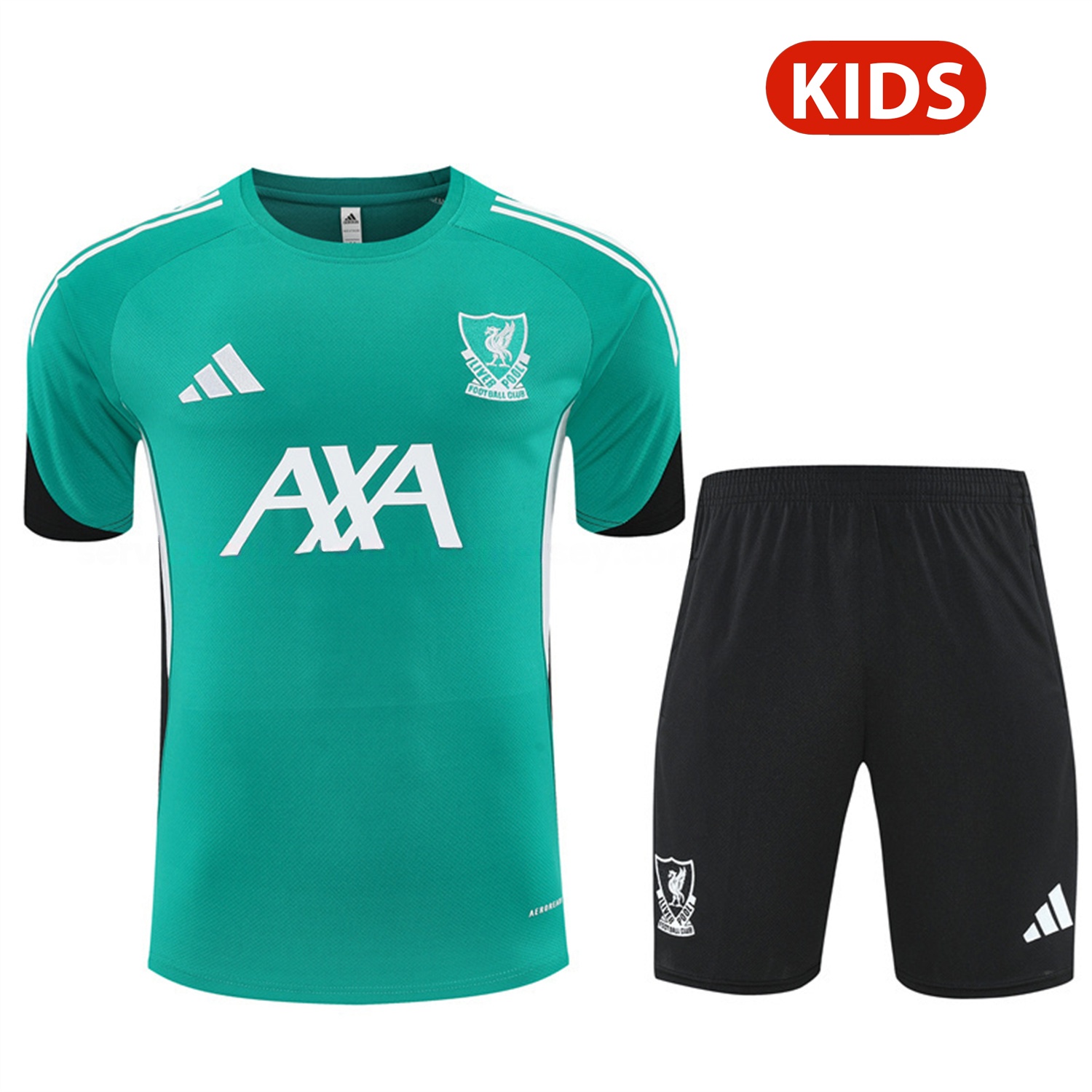 Liver.pool 25-26 Kids Short-Sleeve Training Set - Green Top & Black Shorts - JerseysGala