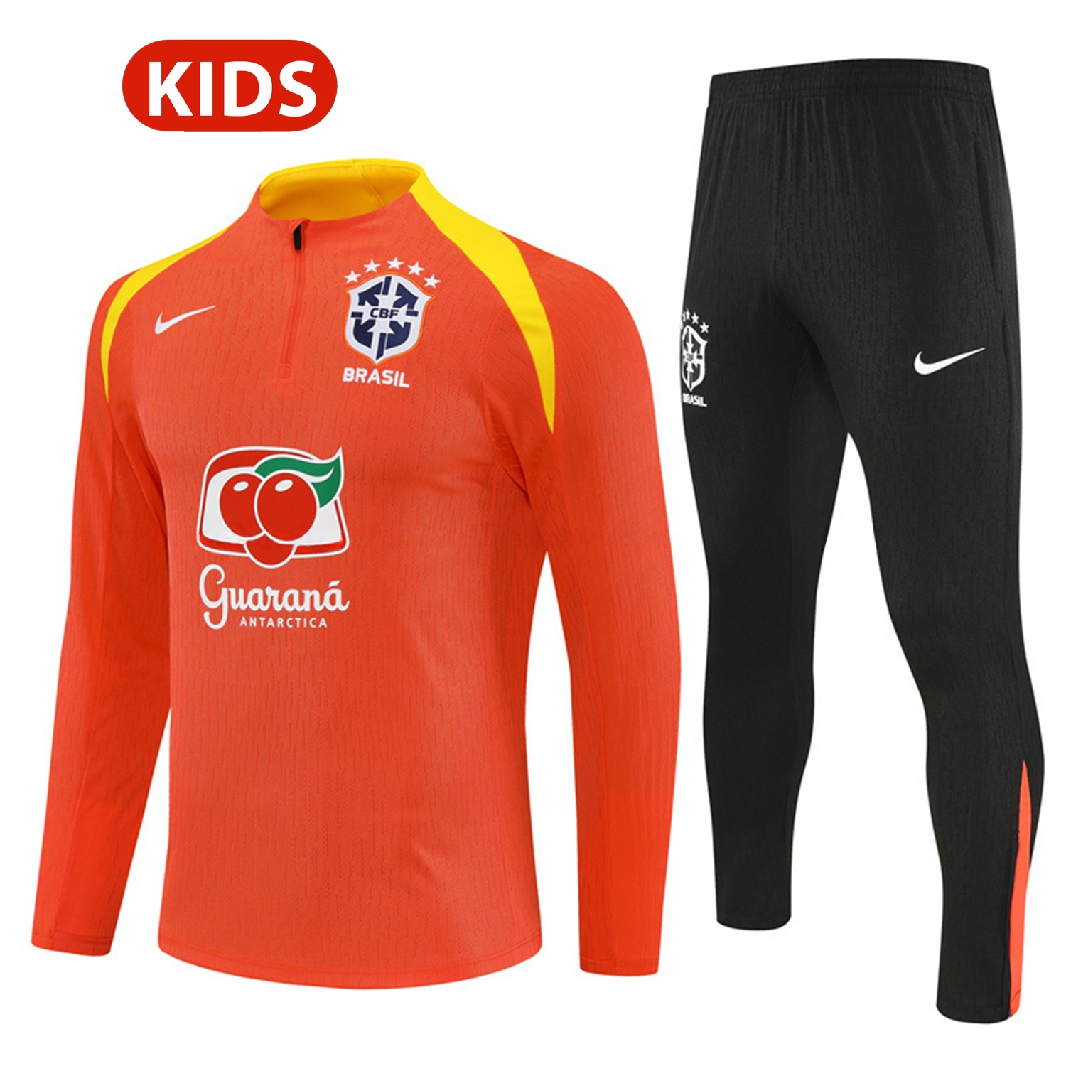 Brazil 25-26 Kids Long Sleeve Training Set - Player Version - Orange Top and Black Pants - JerseysGala
