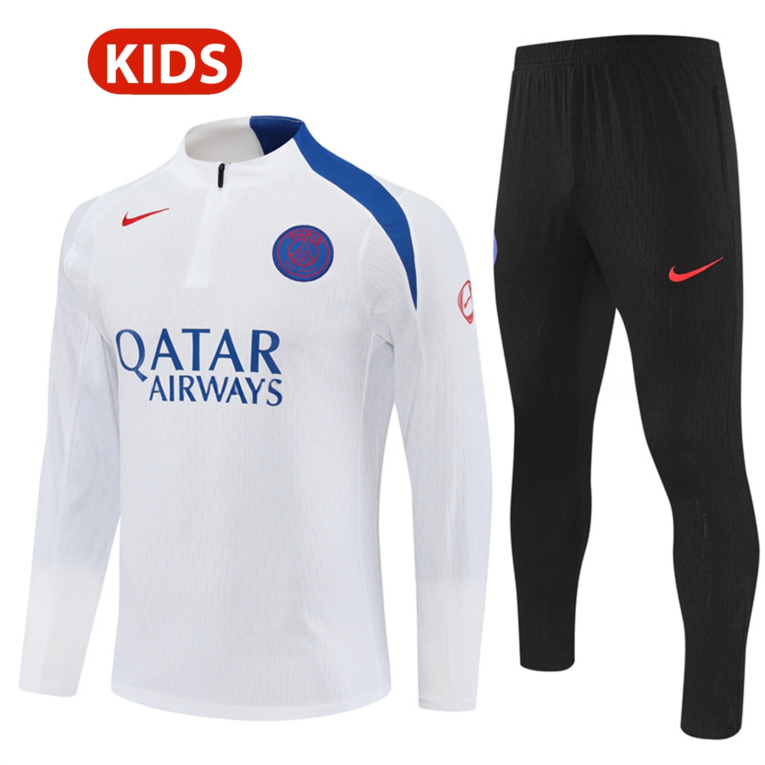 Paris Saint-Germain PSG 25-26 Kids Long Sleeve Training Set - Player Version - White Top and Black Pants - JerseysGala