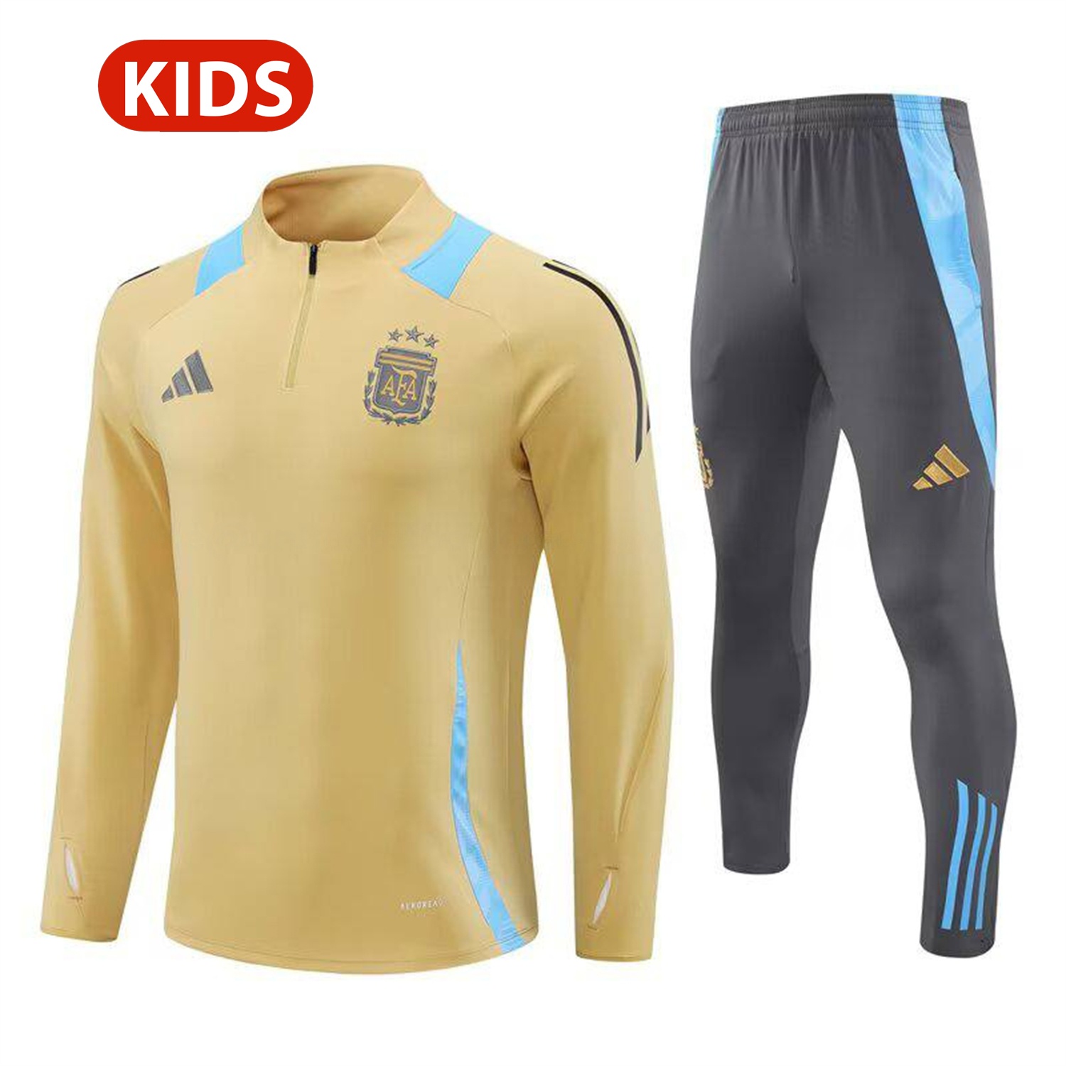 Argentina 25-26 Kids Long Sleeve Training Set - Gold Top and Grey Pants - JerseysGala