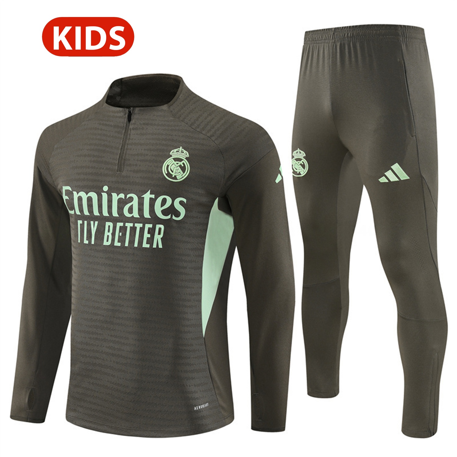 Real Madrid 25-26 Kids Long Sleeve Training Set - Player Version - Khaki Top and Khaki Pants - JerseysGala