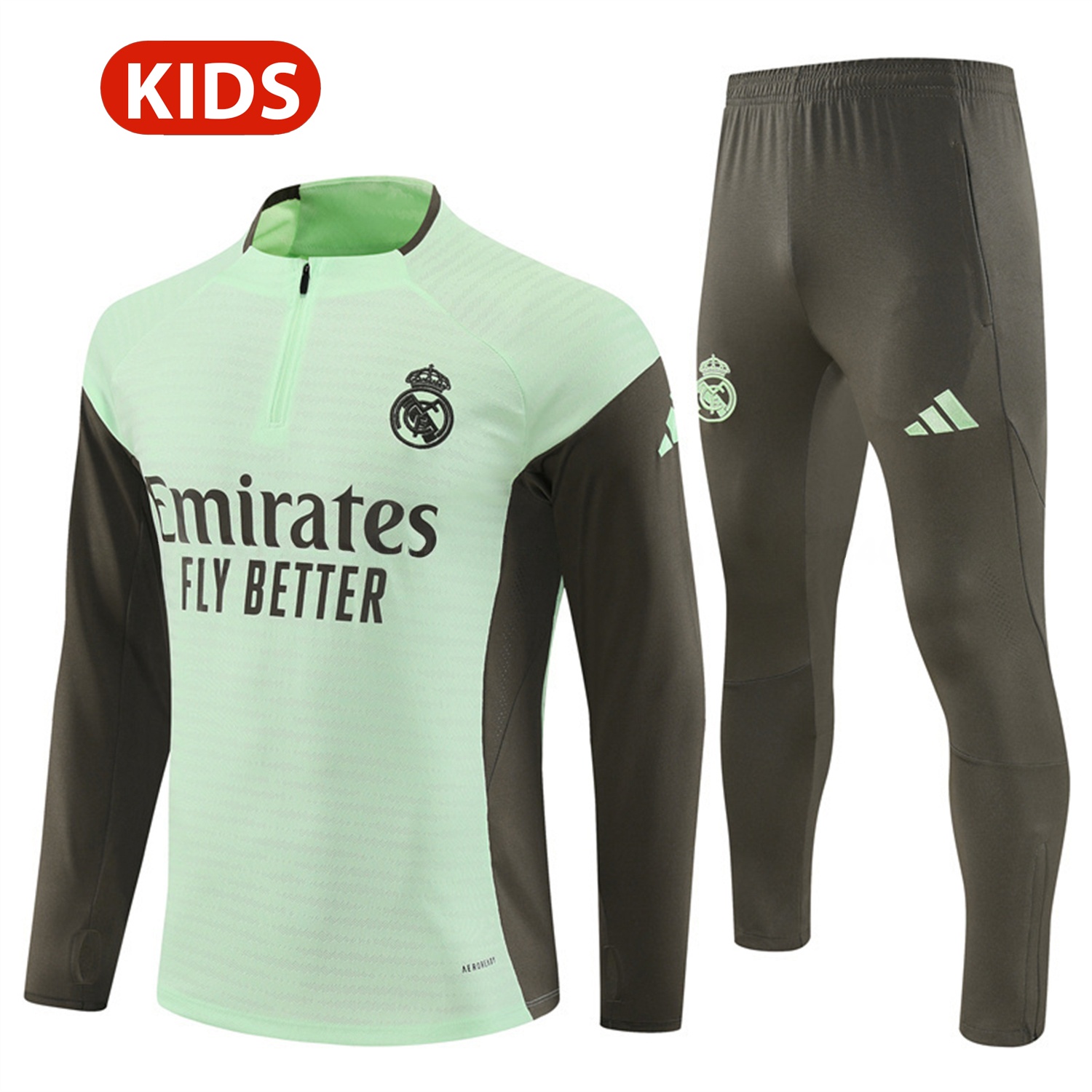 Real Madrid 25-26 Kids Long Sleeve Training Set - Player Version - Light Green Top and Khaki Pants - JerseysGala