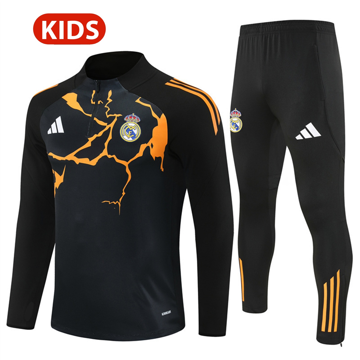 Real Madrid 25-26 Kids Long Sleeve Training Set - Player Version - Yellow Pattern Black Top and Black Pants - JerseysGala