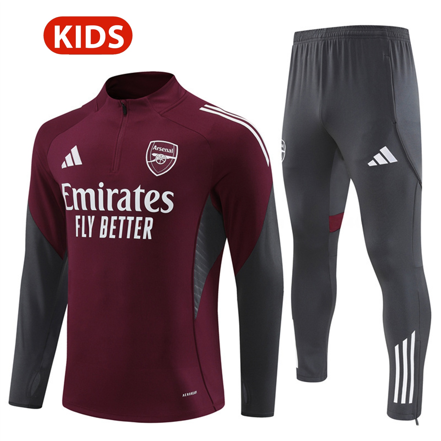 Arsenal 25-26 Kids Long Sleeve Training Set - Wine Red Top & Grey Pants - JerseysGala