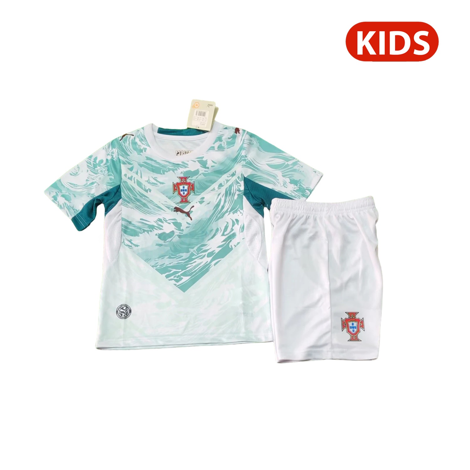 Portugal 2026 Away White And Cyan Kids Kit - JerseysGala