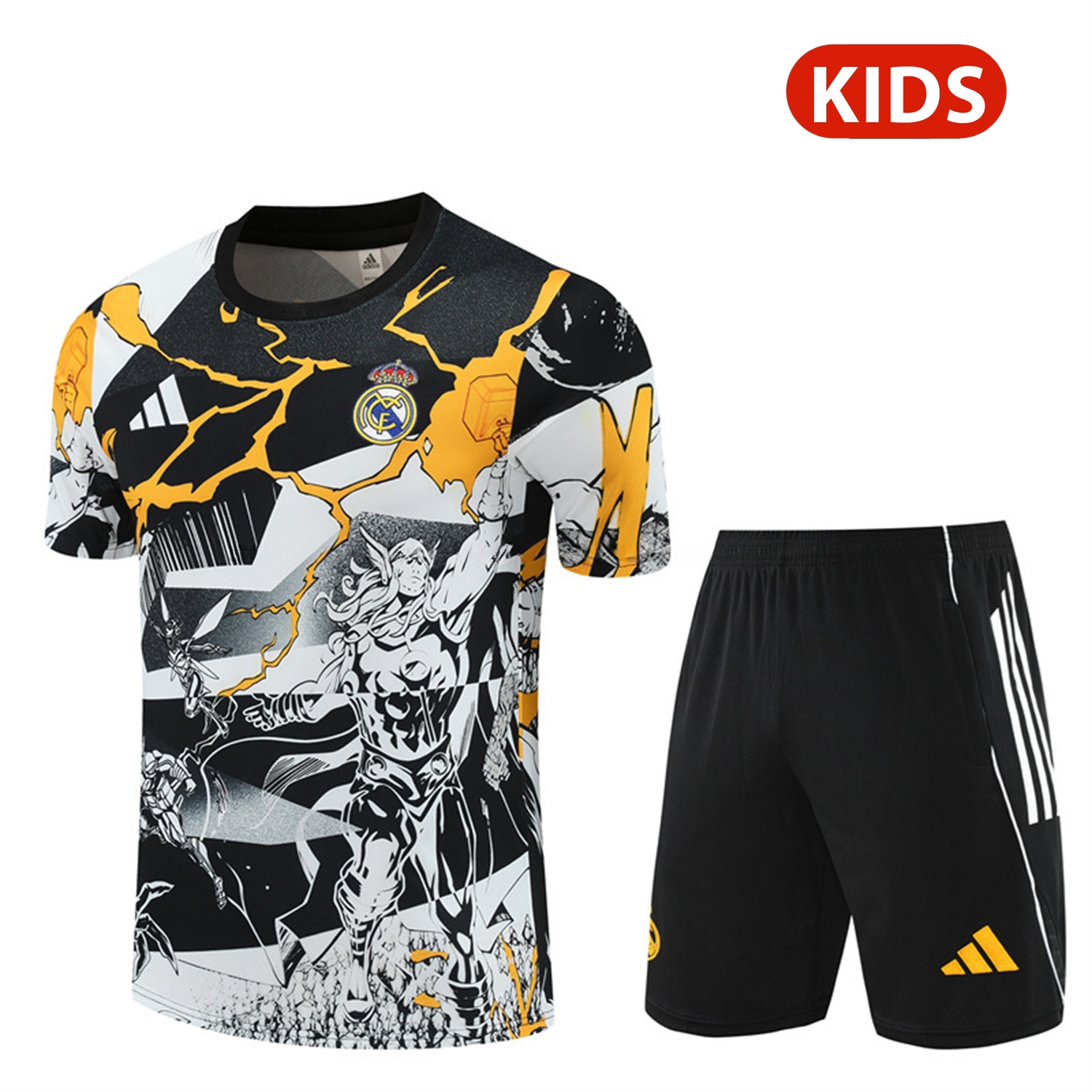 Real Madrid 25-26 Thunder Comics Kids Short-Sleeve Training Set - Comic Pattern Top & Shorts - JerseysGala