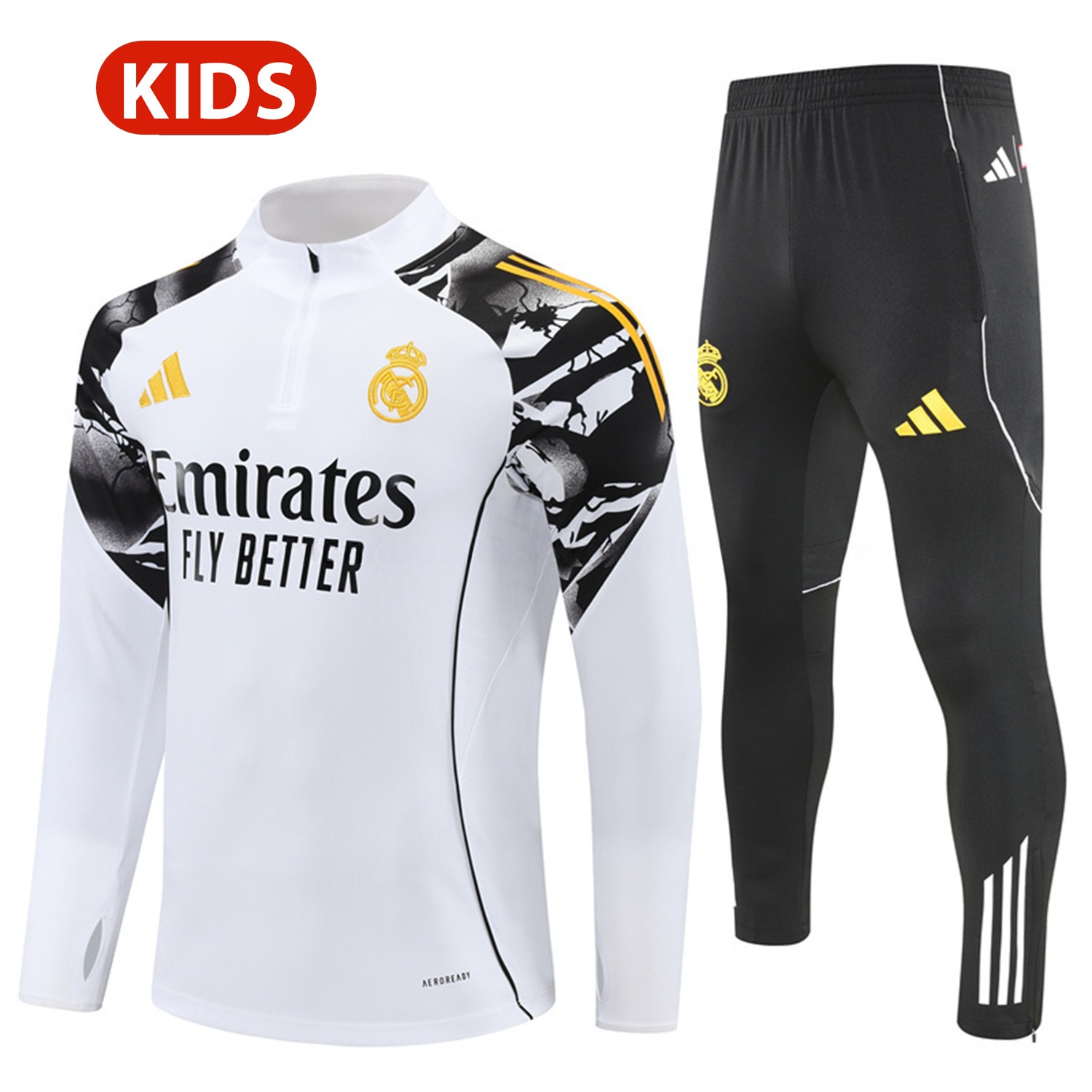 Real Madrid 25-26 Kids Long Sleeve Training Set - White Top & Black Pants - JerseysGala